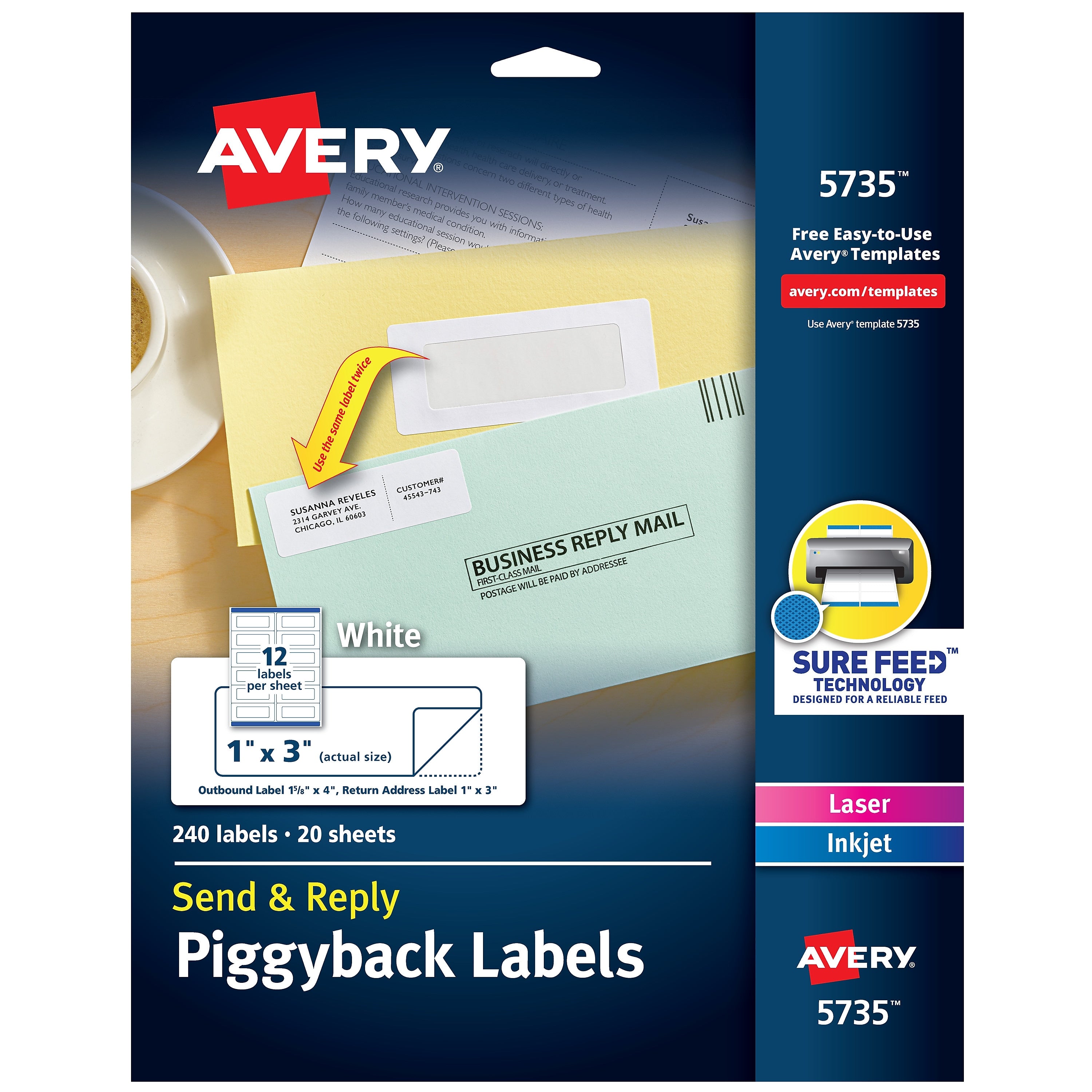 Avery Send & Reply Piggyback Laser/Inkjet Mailing Labels, 1-5/8" x 4" Outer, 1" x 3" Inner, 240 Labels/Pack (5735)