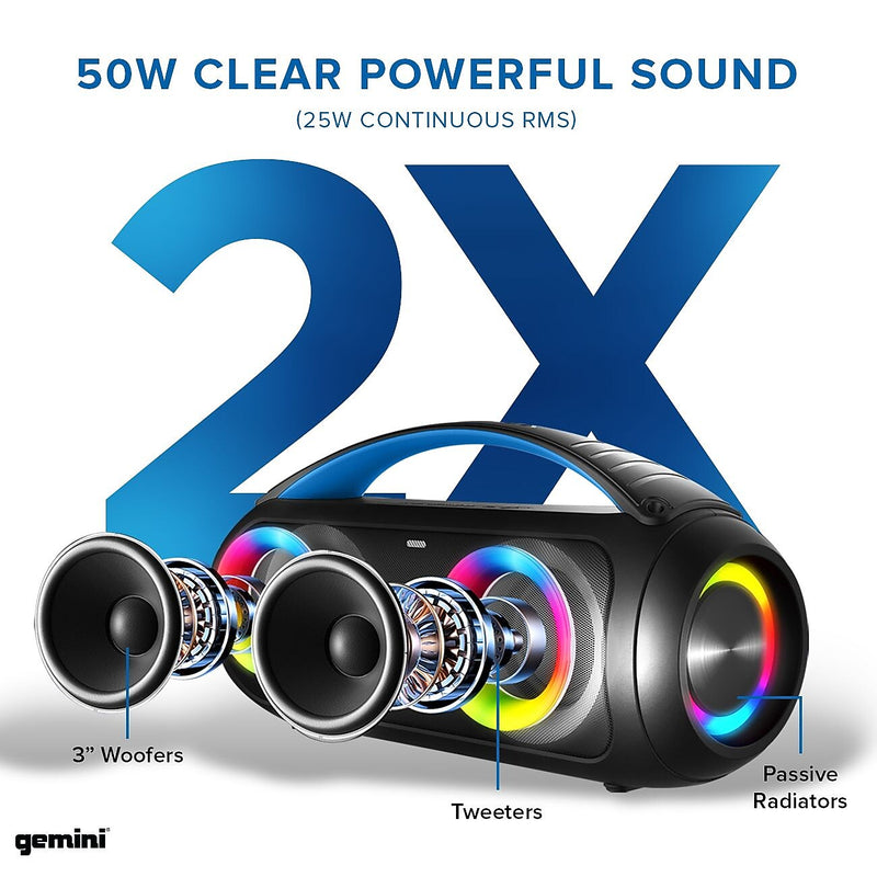 Gemini Sound 50W Bluetooth Speaker Portable Wireless IPX5 Waterproof Speaker with FM Radio, LED Party Light - Black (GGO-230L)