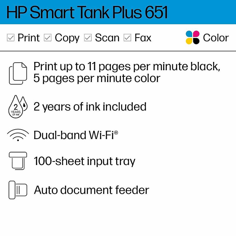 HP Smart Tank Plus 651 Wireless Color All-in-One Ink Tank, Print, Scan, Copy, 2 Years of Ink Included (7XV38A)