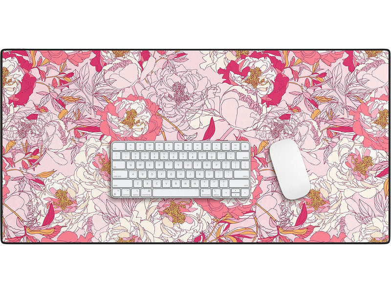 DENY Designs Pink Flowers of Peonies by Showmemars Anti-Slip Polyester Desk Pad, 15.5" x 31.5", Multicolor (84023-DSKMAT)
