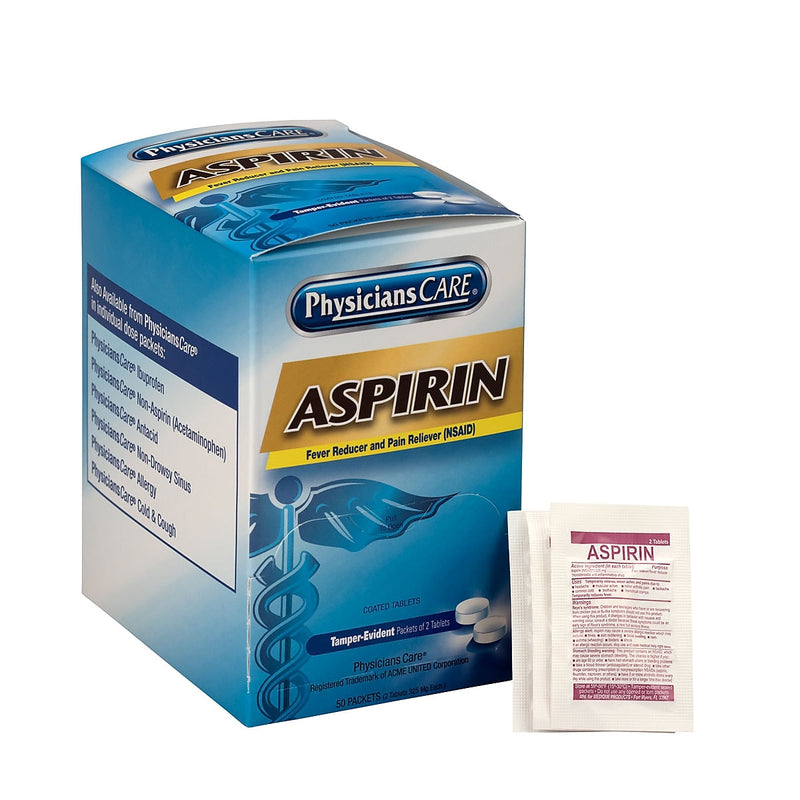 PhysiciansCare Aspirin Tablets, 325mg, 2/Packet, 50 Packets/Box (90014)