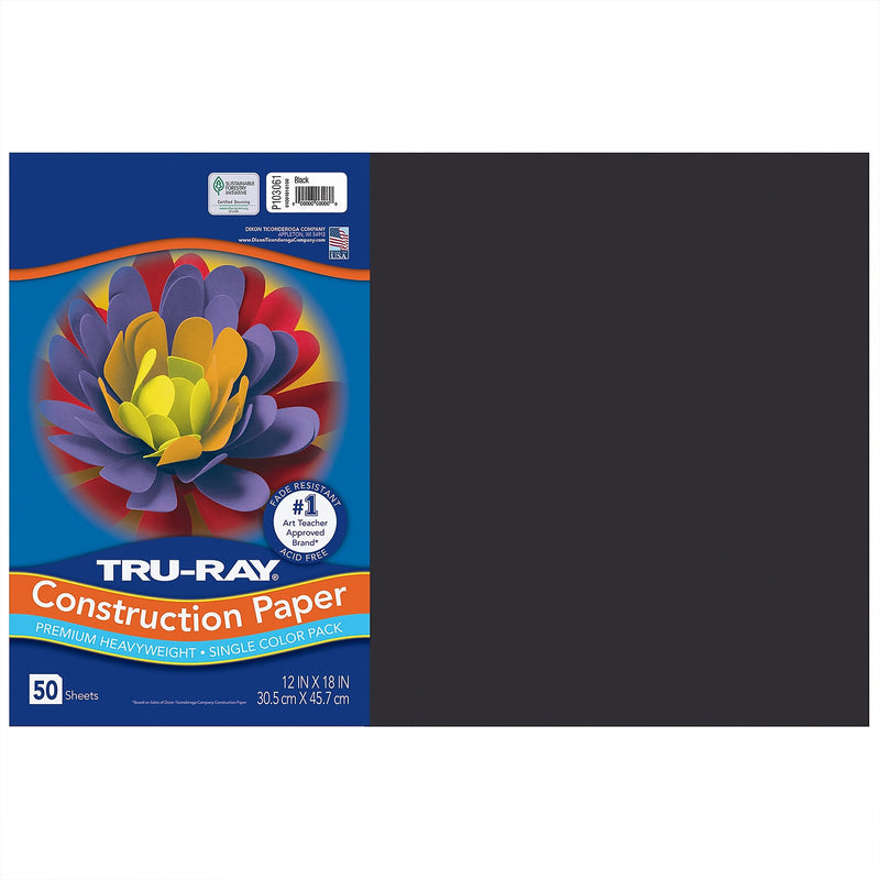 Tru-Ray 12" x 18" Construction Paper, Black, 50 Sheets/Pack, 5 Packs/Bundle (PAC103061-5)