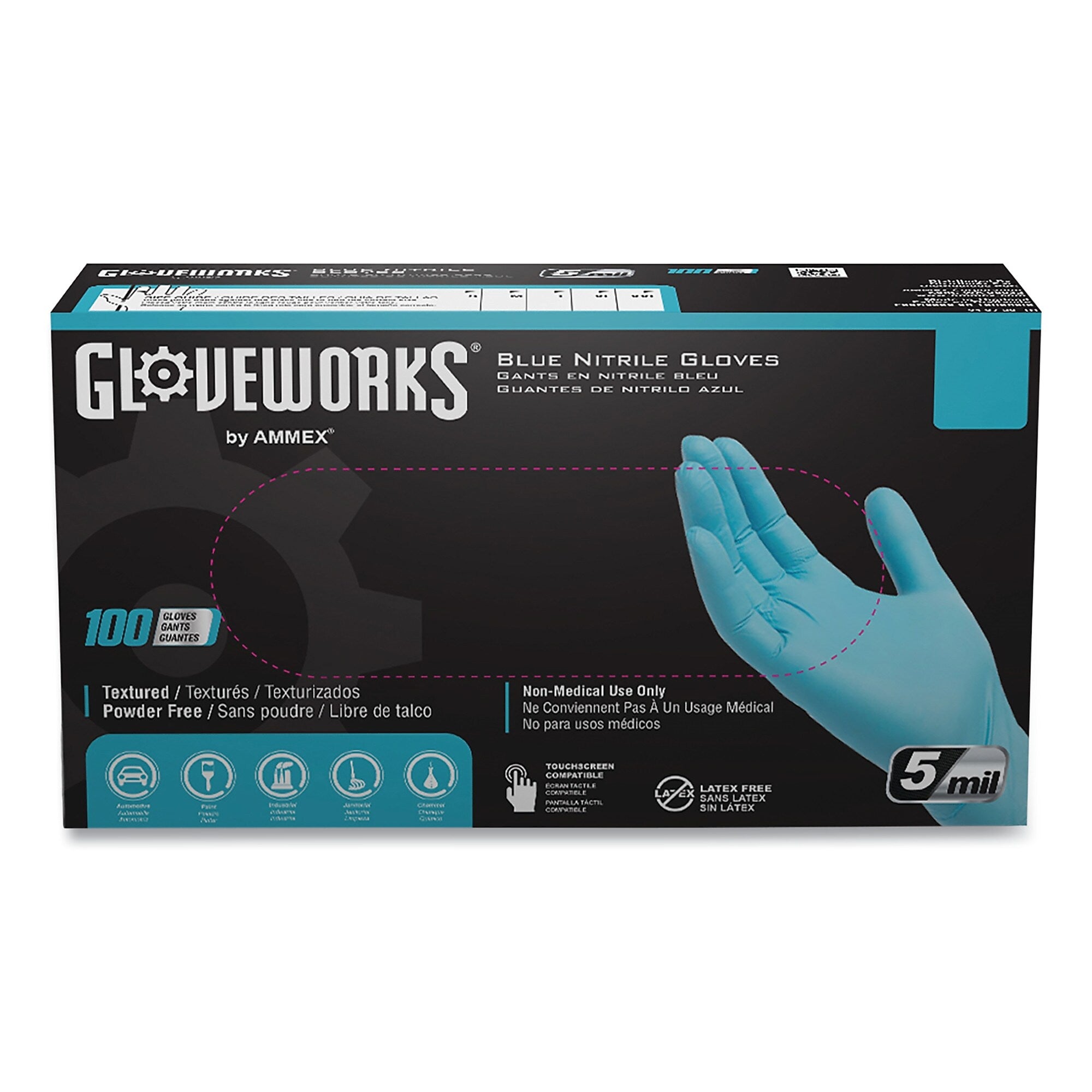 GloveWorks by AMMEX Industrial Nitrile Gloves, Powder-Free, 5 mil, Blue, X-Large, 100 Gloves/Box, 10 Boxes/Carton