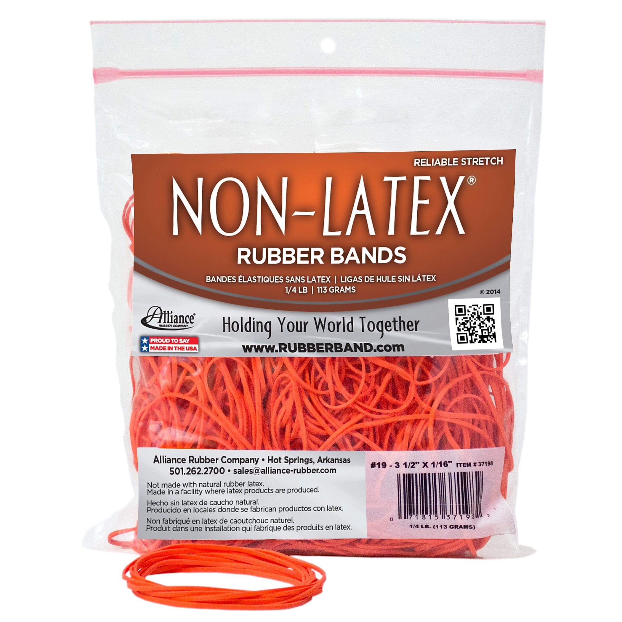 Alliance Non-Latex Multi-Purpose #19 Rubber Bands, 3-1/2" x 1/16", Non-Latex, Orange, 360/Pack (37198)