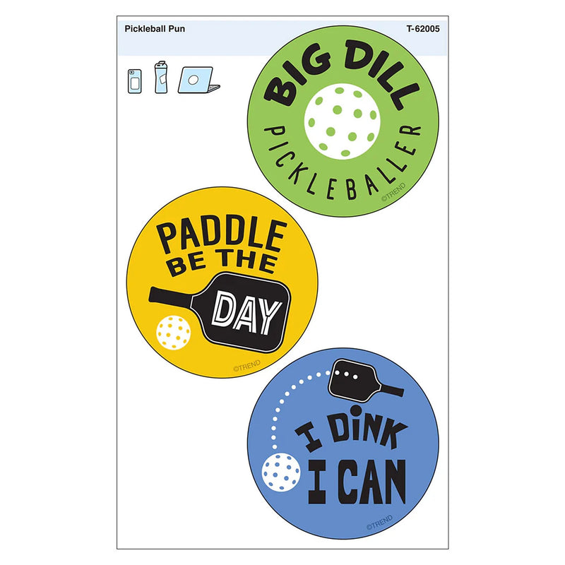 Trend Enterprises Pickleball Pun Vinyl Stickers, Multicolored, 3/Pack, 6/Packs/Bundle (T-62005-6)