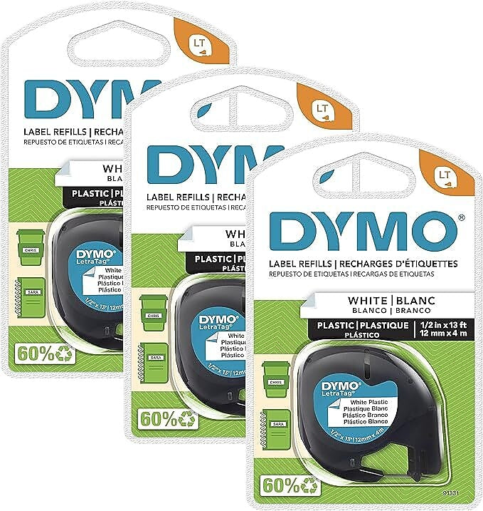 DYMO LT Plastic Labels for LetraTag Label Makers, Black Print on White Labels, 1/2-Inch x 13-Foot Rolls, 3 Count, (2156092)