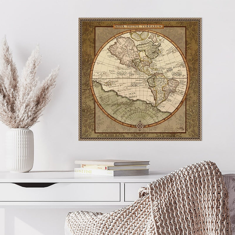Amanti Art Damask World Map I by Elizabeth Medley Framed Canvas Wall Art Print, 22" x 22" (A42678299413)