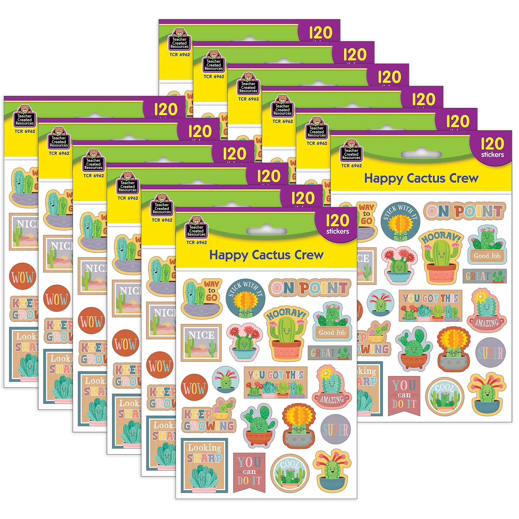 Teacher Created Resources Happy Cactus Crew Stickers, Multicolored, 120/Pack, 12/Packs/Bundle (TCR6962-12)