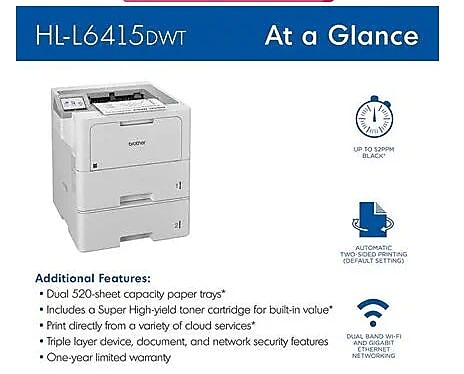 Brother Enterprise Monochrome Laser Printer with Dual Paper Trays (HLL6415DWT)
