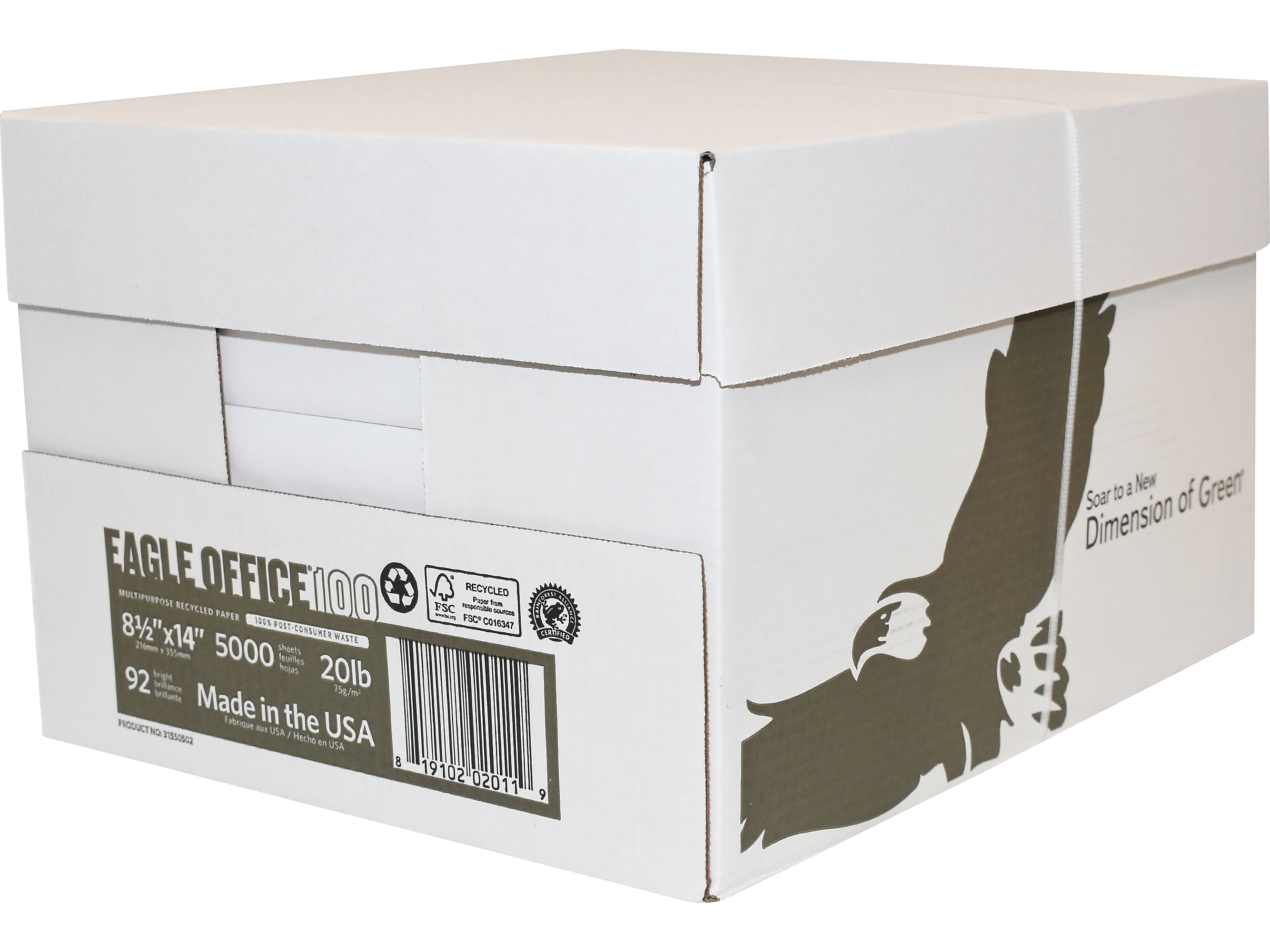 American Eagle 100% Recycled 8.5" x 14" Multipurpose Paper, 20 lbs., 92 Brightness, 500/Ream, 5 Reams/Carton (31550502CT)