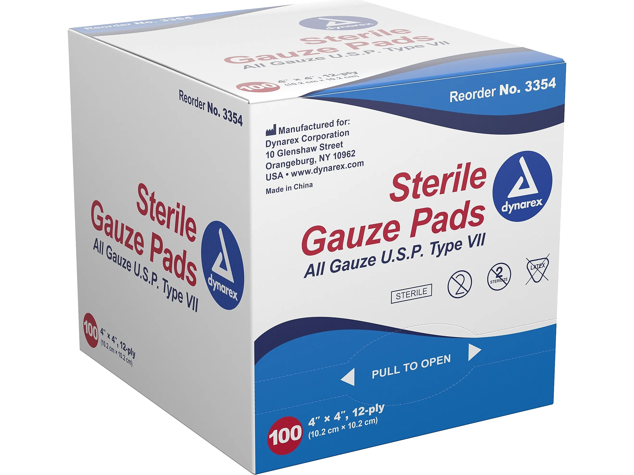 Dynarex 4" Sterile 12-Ply Gauze Pad, 100/Pack, 12 Packs/Carton (3354)