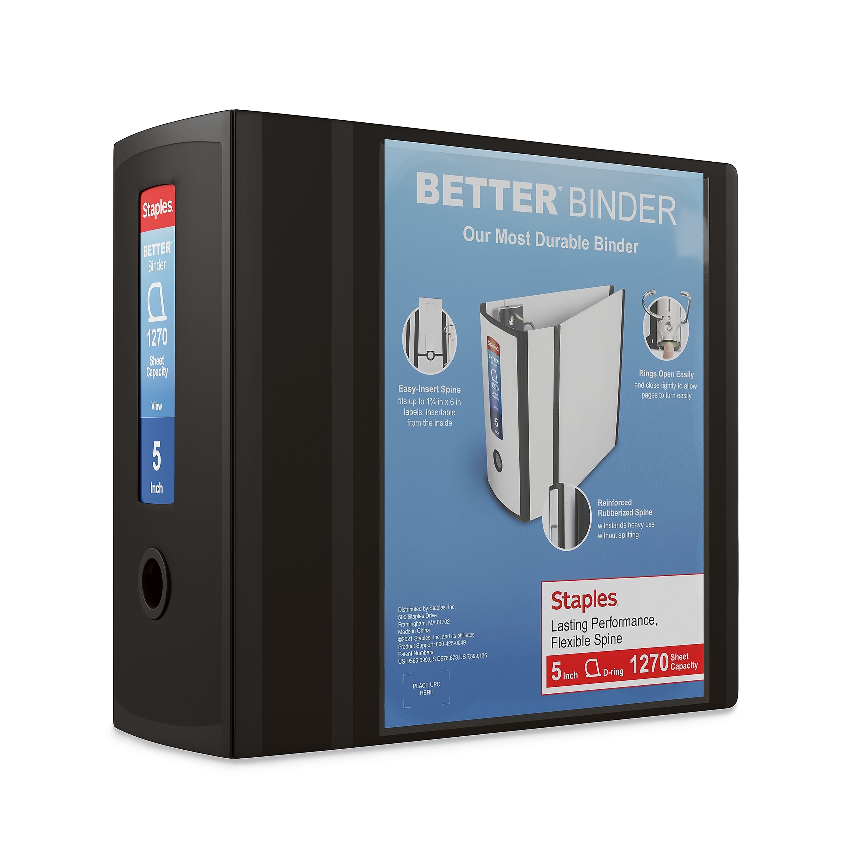 Staples 5" 3-Ring Better Binder, D-Ring, Black (44104)