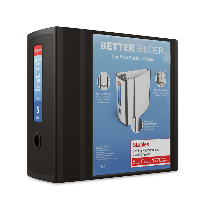 Staples 5" 3-Ring Better Binder, D-Ring, Black (44104)