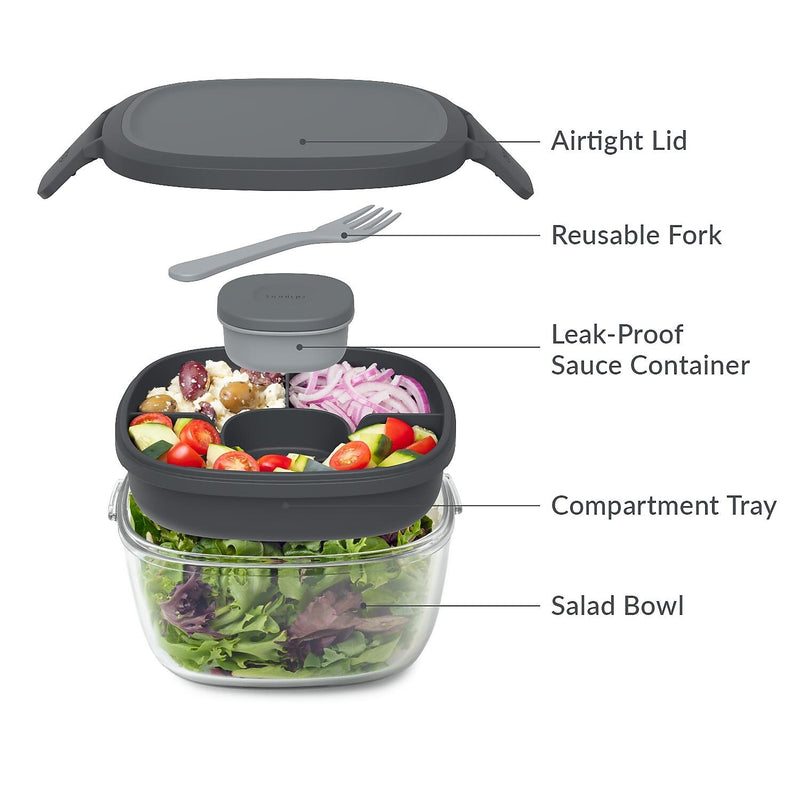 bentgo All-in-One Salad Container, 5-Compartment, Dark Gray, 61 oz. (BGLASSAL-DG)