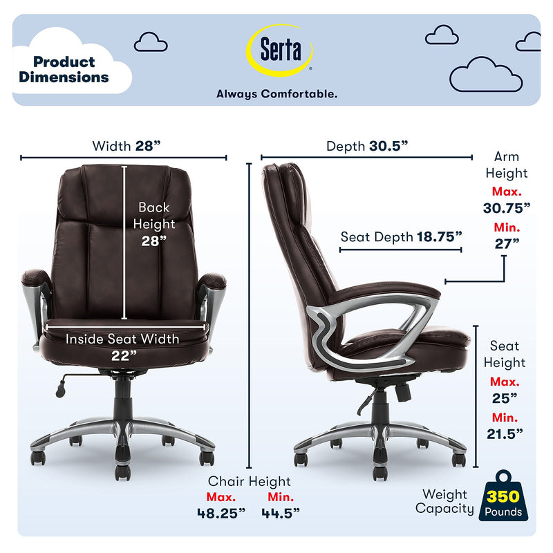 Serta Fairbanks Ergonomic Bonded Leather Executive Big & Tall Chair, 350 lb. Capacity, Chestnut (43675A)
