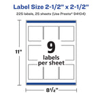 Avery Laser/Inkjet Square Removable Labels, 2.5" x 2.5", White, 225 Labels/Pack (94104)