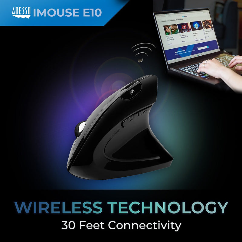 Adesso iMouse E10 Wireless Ergonomic Vertical Optical USB Mouse, Black (RG8162)