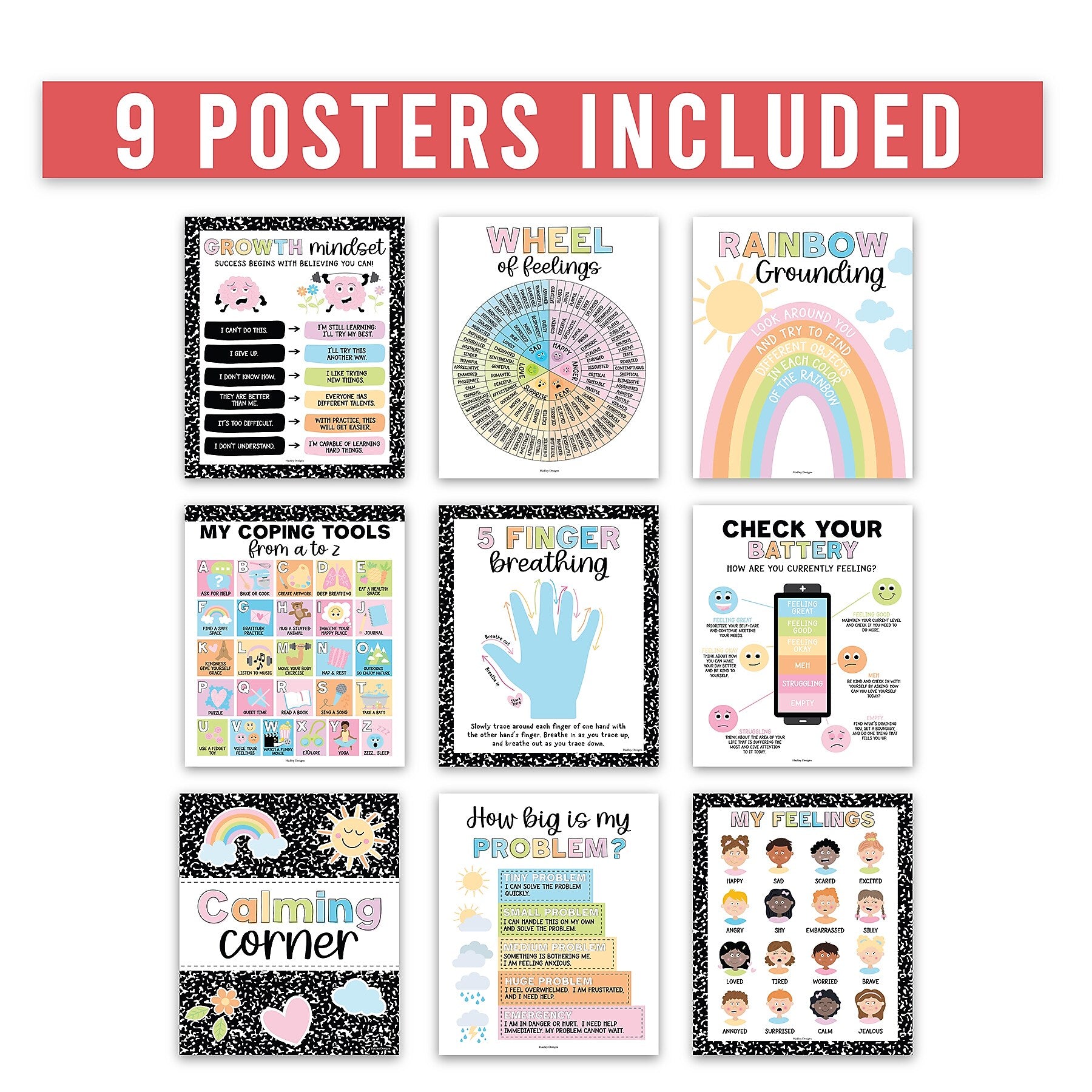 Hadley Designs 11" x 14" Colorful Dark Calming Corner and Feelings Chart Posters, 9/Set (HDDX004AHGC9D)