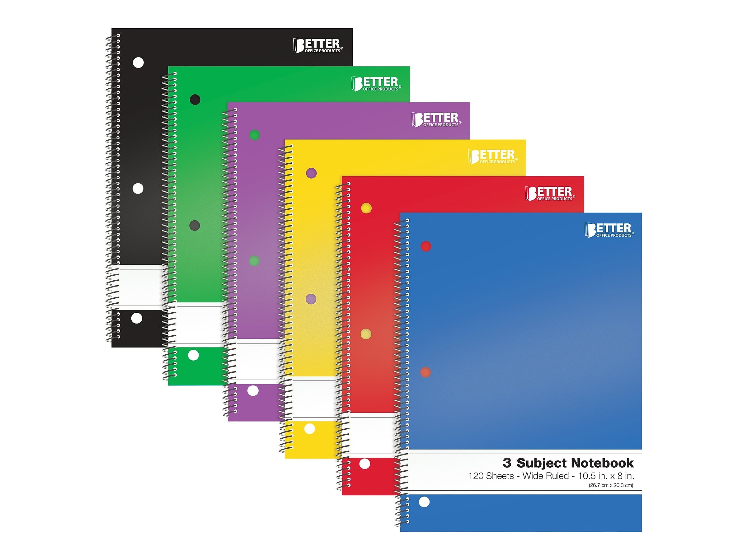 Better Office 3-Subject Notebooks, 8" x 10.5", Wide Ruled, 120 Sheets, 6/Pack (25636-6PK)