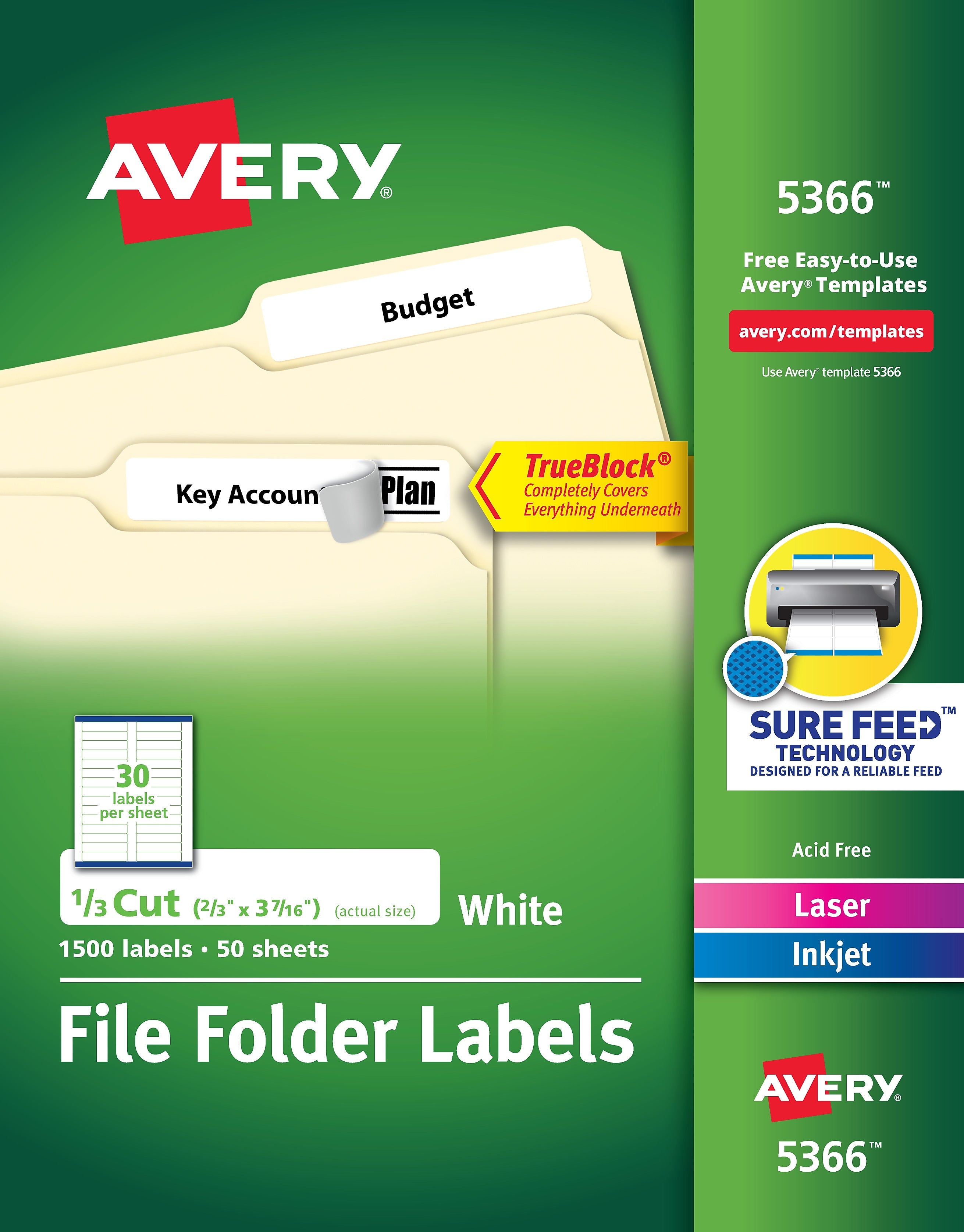 Avery TrueBlock Laser/Inkjet File Folder Labels, 2/3" x 3-7/16", White, 1,500 Labels/Pack (5366)