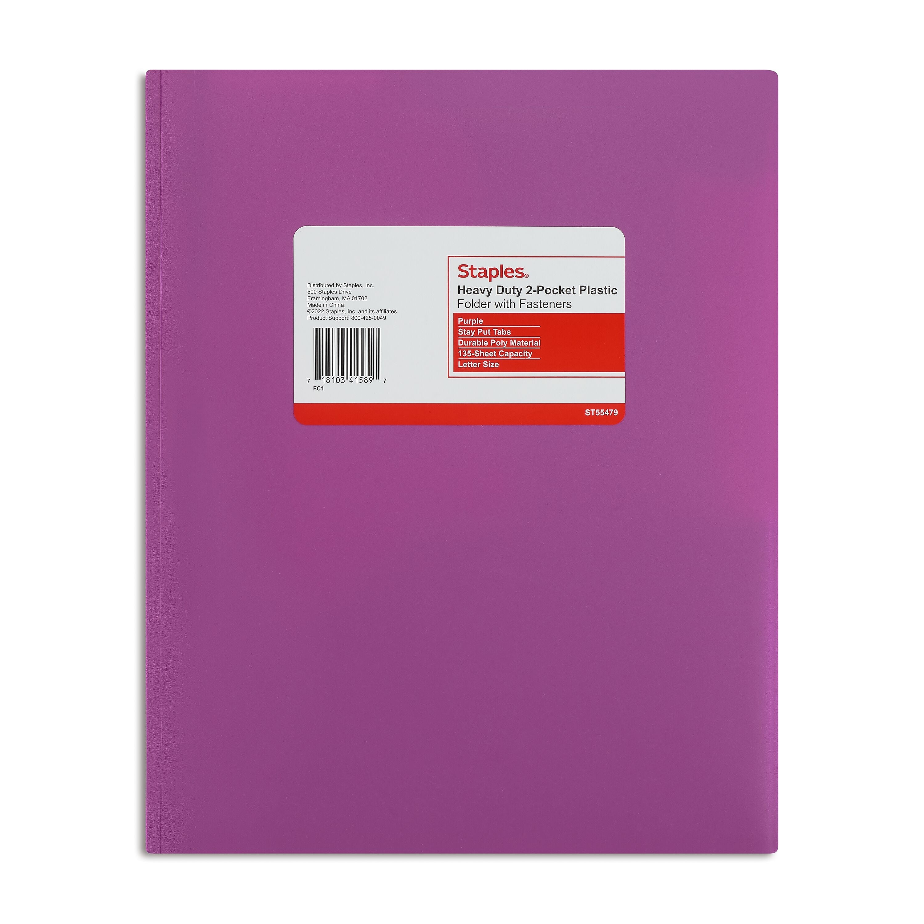 Staples Matte 2-Pocket Plastic Portfolio Folder with Fasteners, Purple (ST55479-CC)