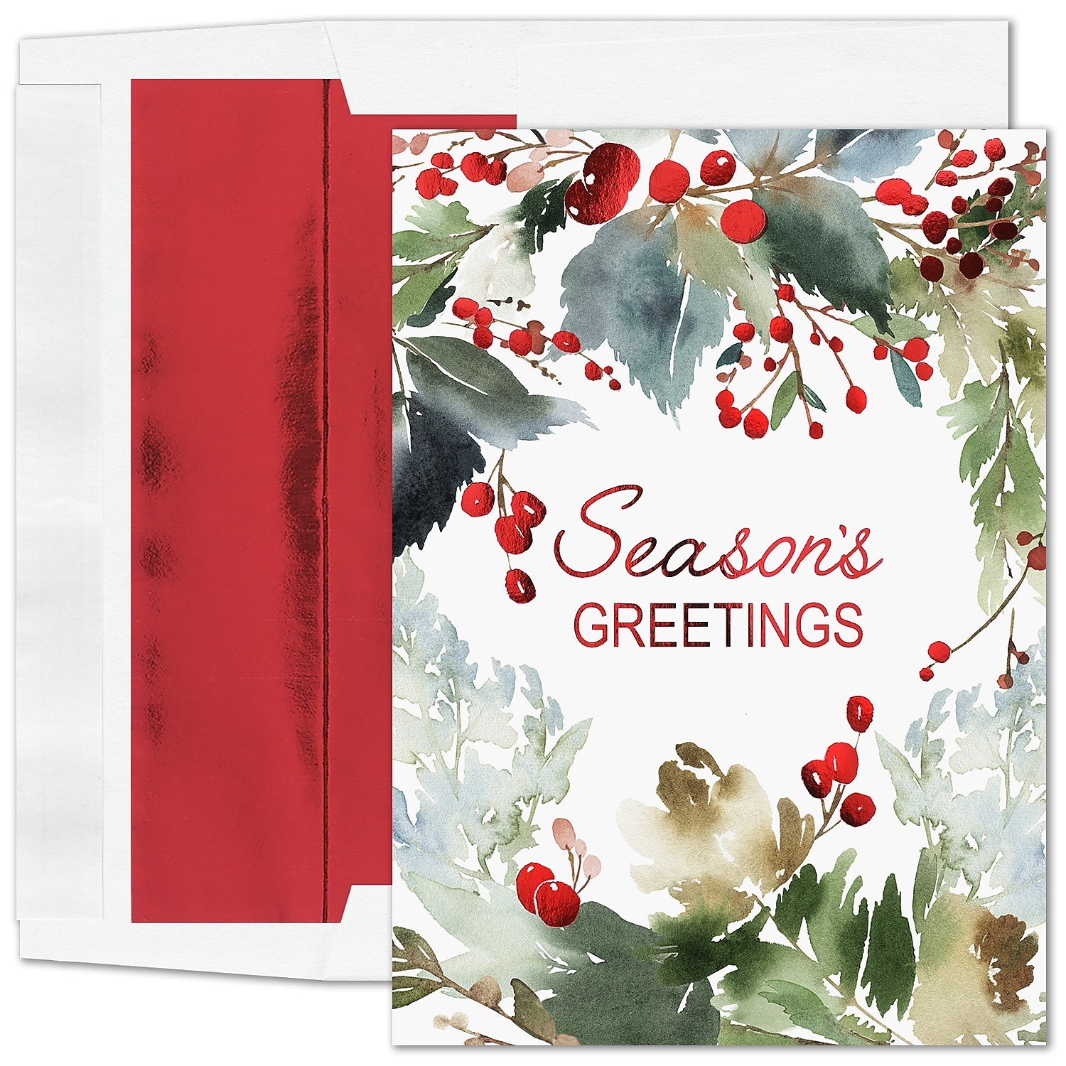 "Watercolor Seasons" Holiday Card w/ Red Lined White Envelope, 400/BX