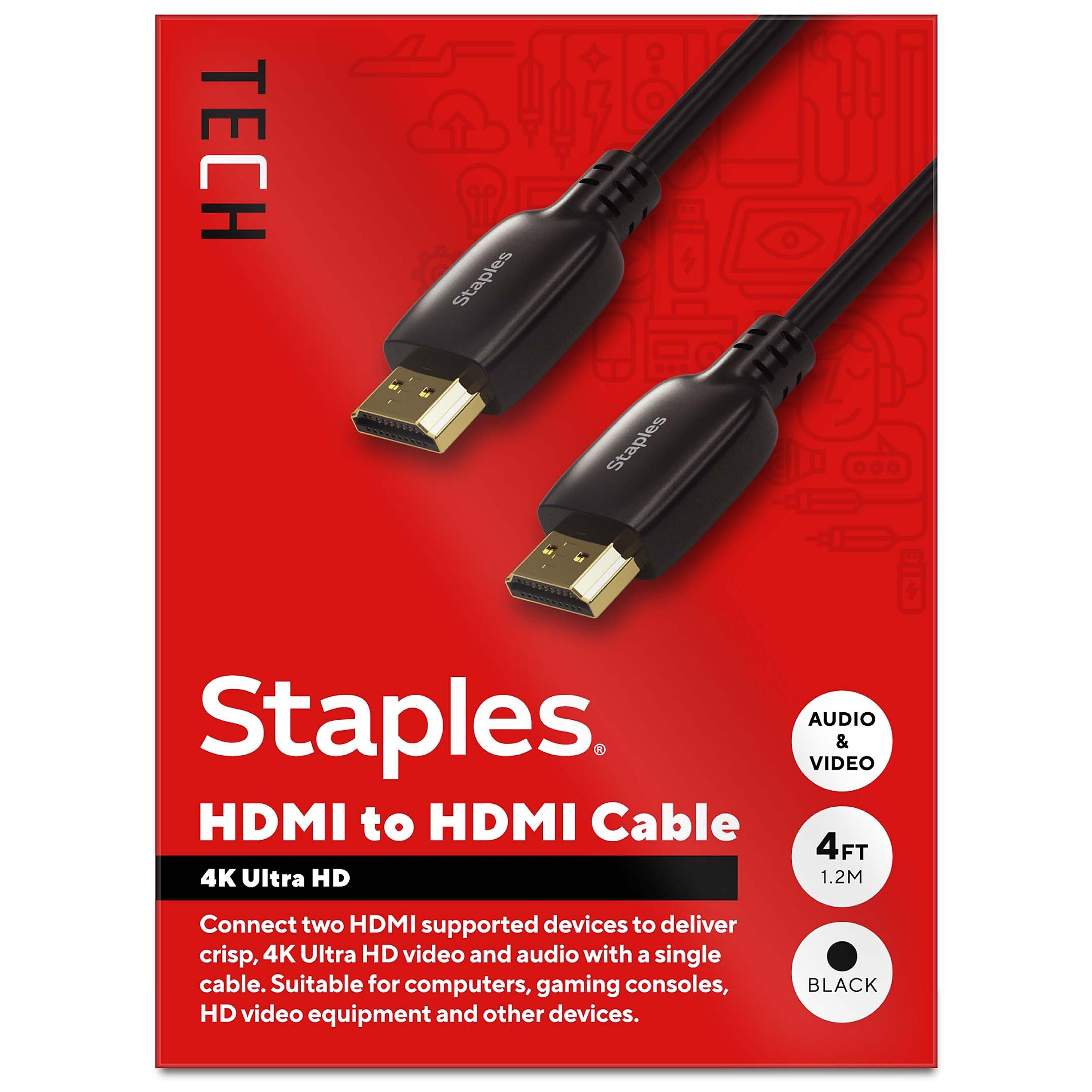 Staples TECH 4 ft. HDMI to HDMI Audio/Video Cable, Male to Male, Black (ST62468)