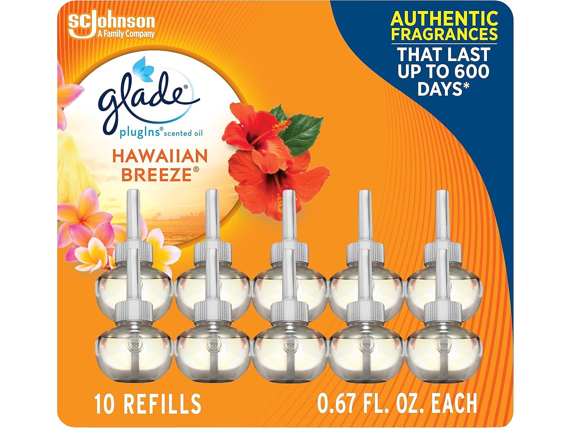 Glade PlugIns Scented Oil Air Freshener Refill, Hawaiian Breeze, 0.67 Fl. Oz., 10/Pack (353728)