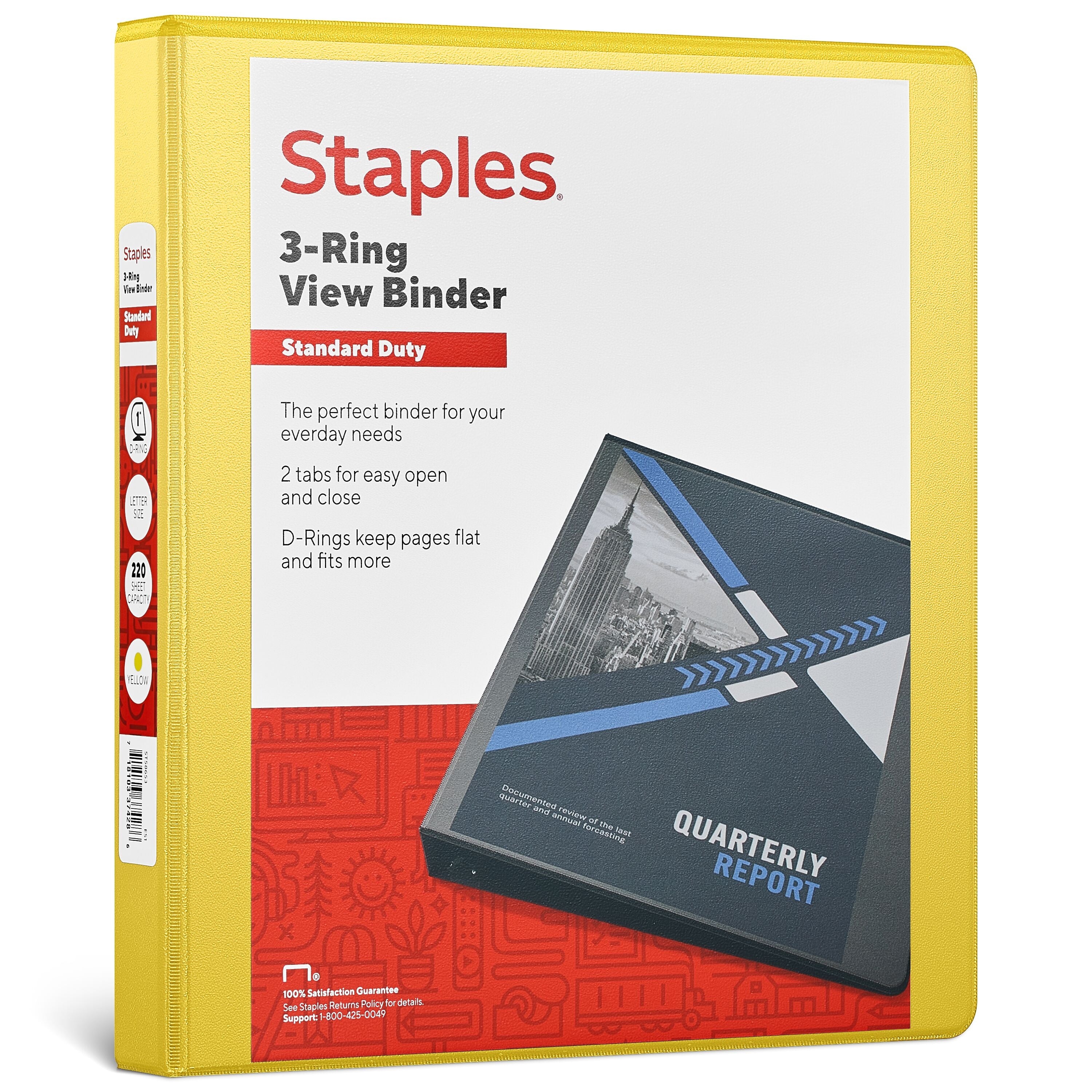 Staples 1" 3-Ring View Binders, D-Ring, Yellow (58653)