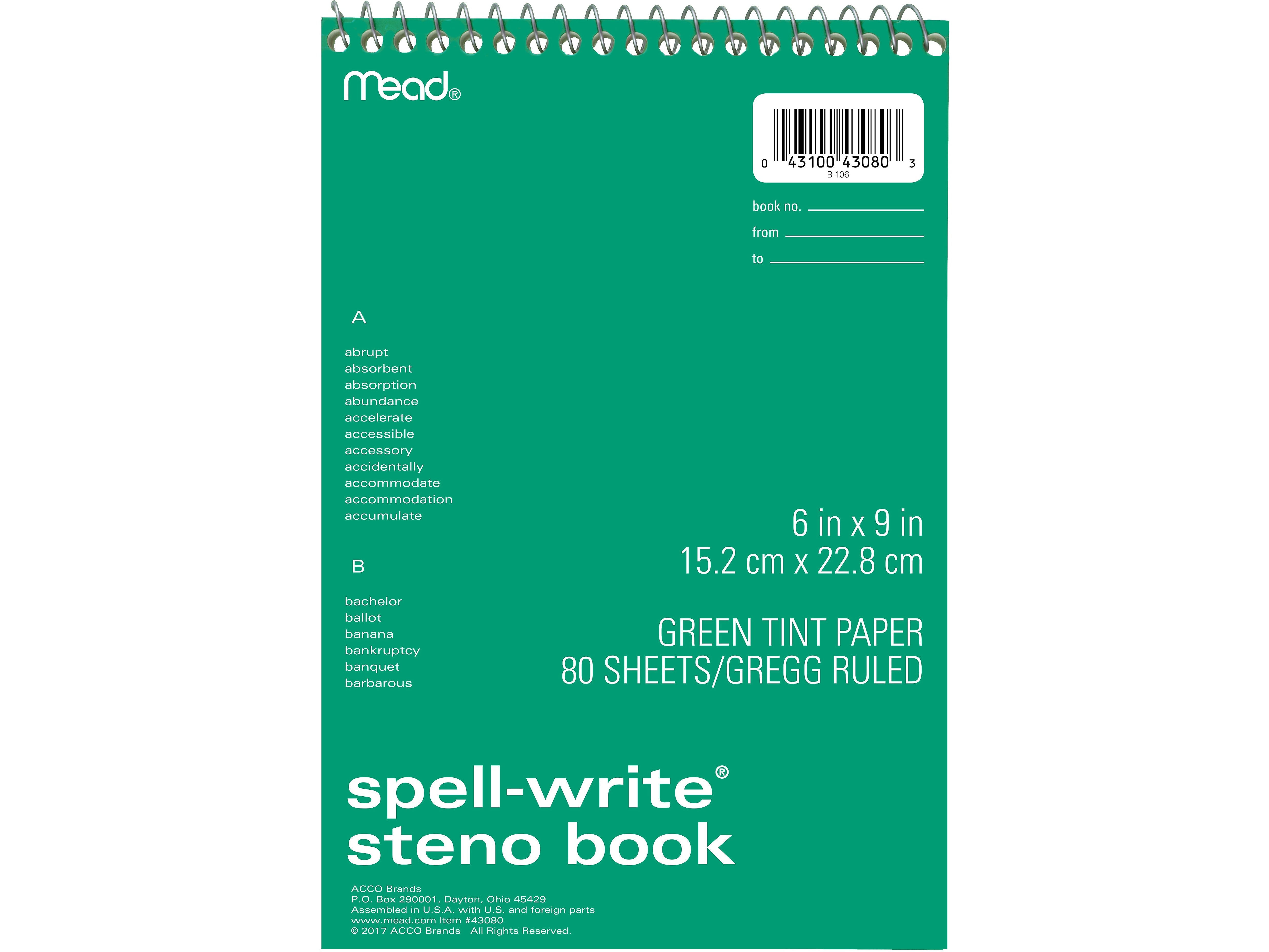 Mead Spell-Write Steno Pad, 6" x 9", Gregg-Ruled, Assorted Colors, 80 Sheets/Pad (43080)