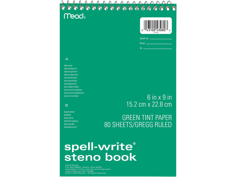 Mead Spell-Write Steno Pad, 6" x 9", Gregg-Ruled, Assorted Colors, 80 Sheets/Pad (43080)