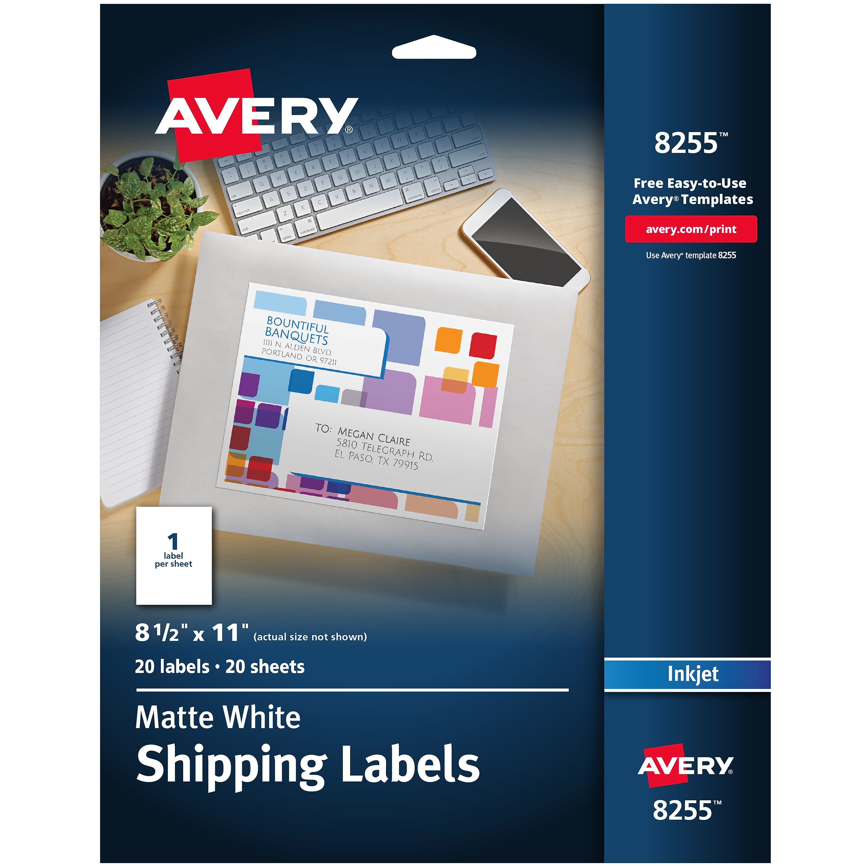 Avery Inkjet Shipping Labels, 8-1/2" x 11", White, 20 Labels/Pack (8255)