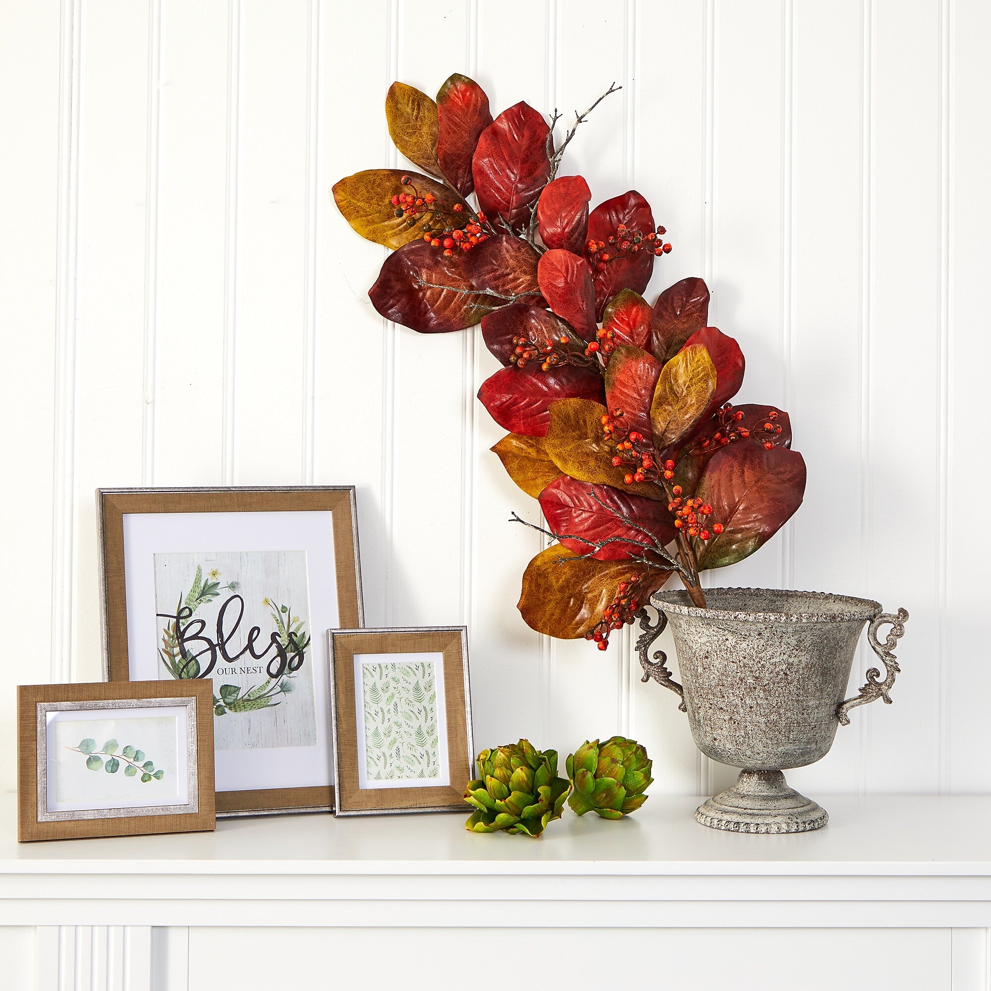 Nearly Natural 36" Autumn Magnolia Leaf with Berries Artificial Tear Drop (4494)