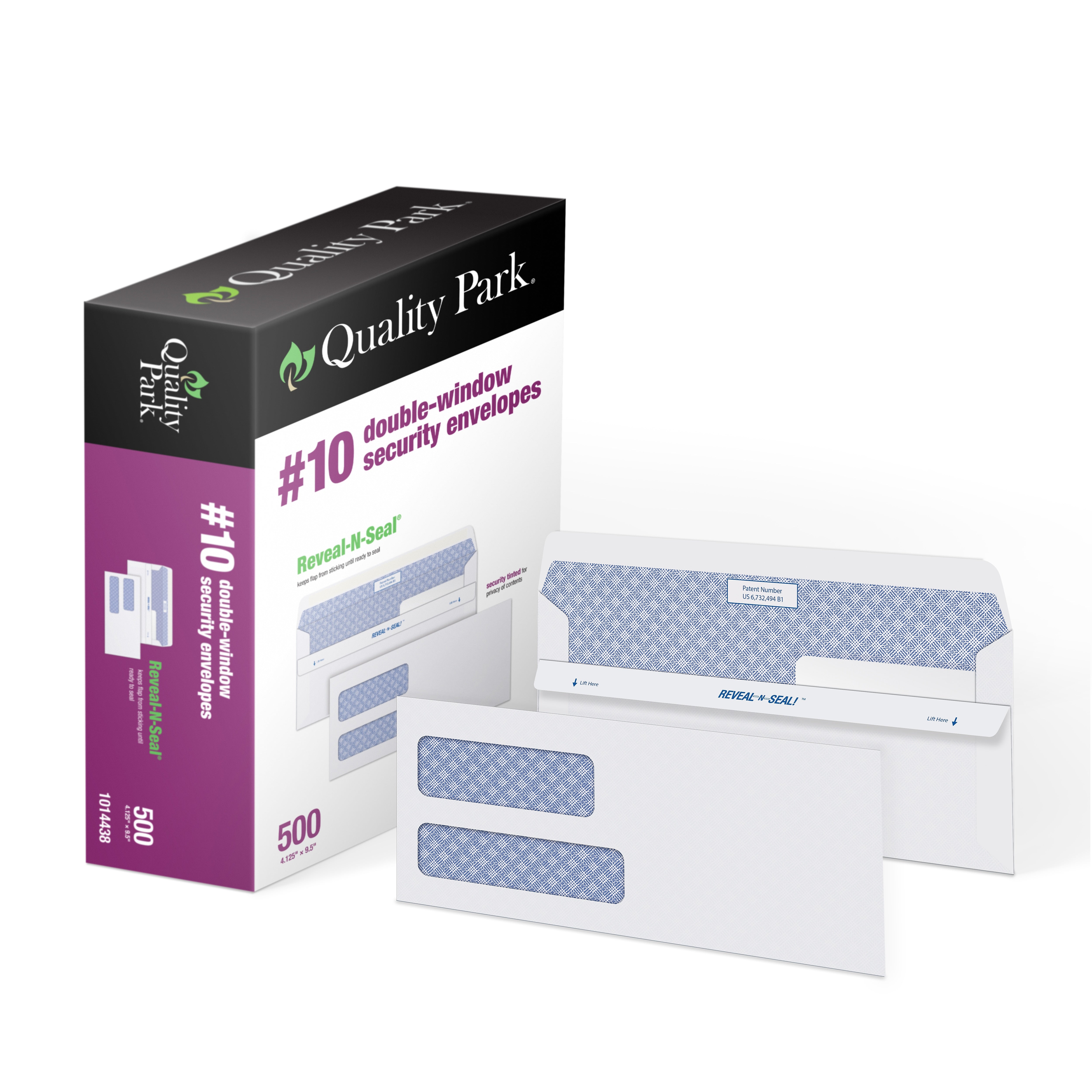 Quality Park Reveal-N-Seal Self Seal Security Tinted #10 Double Window Envelope, 4 1/8" x 9 1/2", White, 500/Box (1014438)