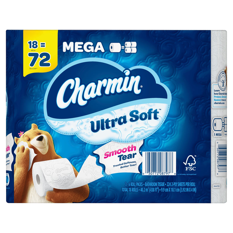 Charmin Ultra Soft Mega Toilet Paper, 2-ply, White, 224 Sheets/Roll, 18 Rolls/Case (87978)