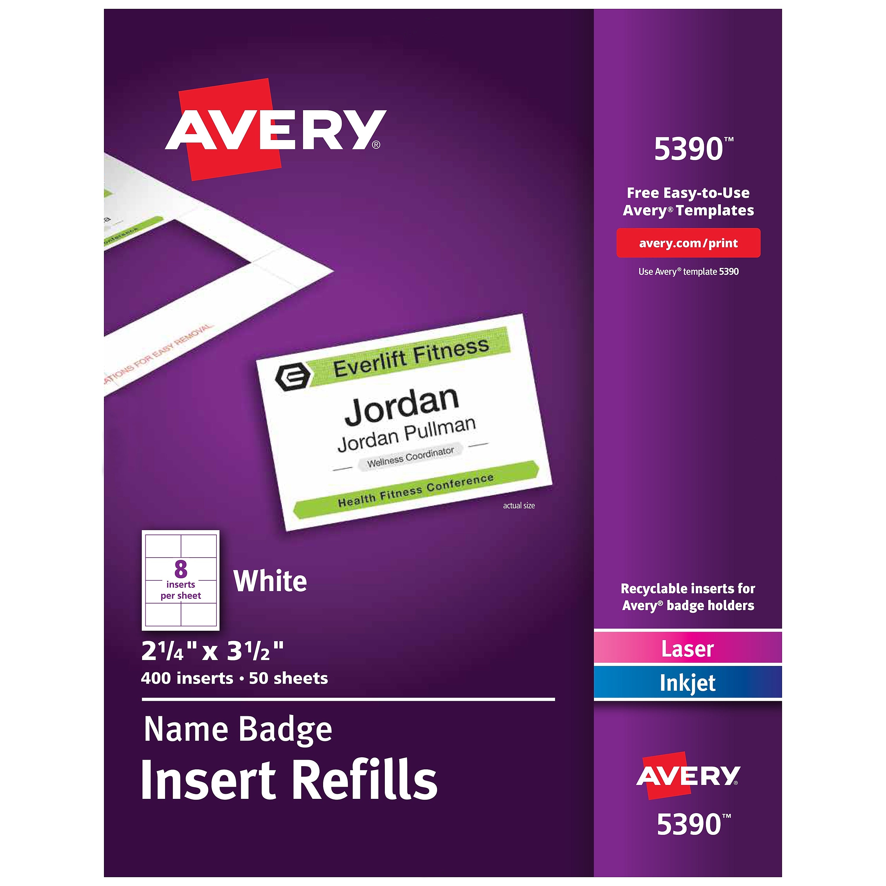 Avery Printable Laser/Inkjet Name Badge Insert Refills, 2 1/4" x 3 1/2", White, 400 Inserts Per Box (5390)
