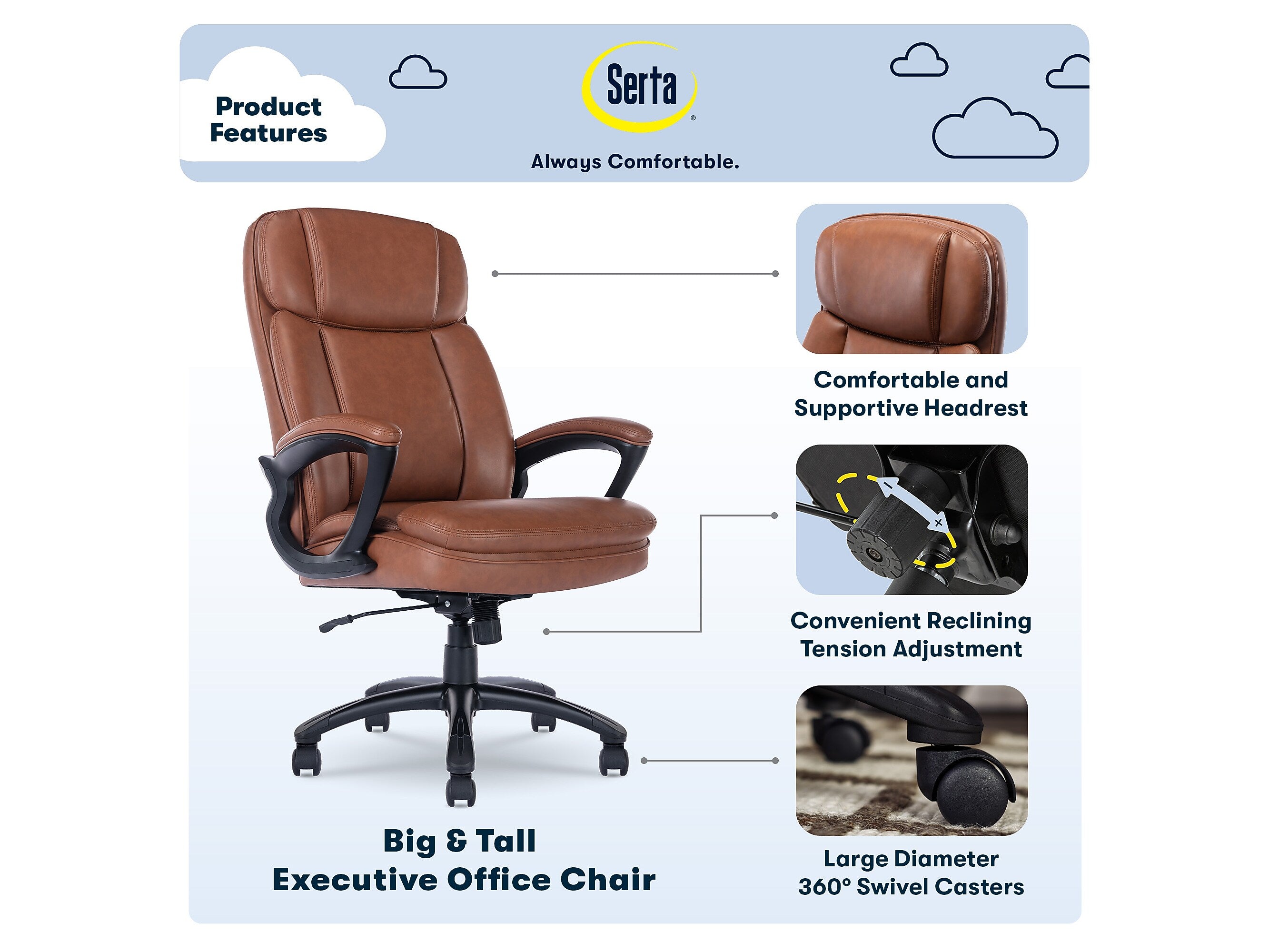 Serta Fairbanks Ergonomic Bonded Leather Executive Big & Tall Chair, 350 lb. Capacity, Brown (43675C)