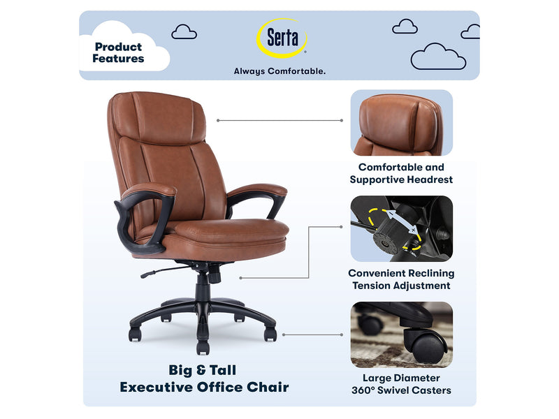 Serta Fairbanks Ergonomic Bonded Leather Executive Big & Tall Chair, 350 lb. Capacity, Brown (43675C)