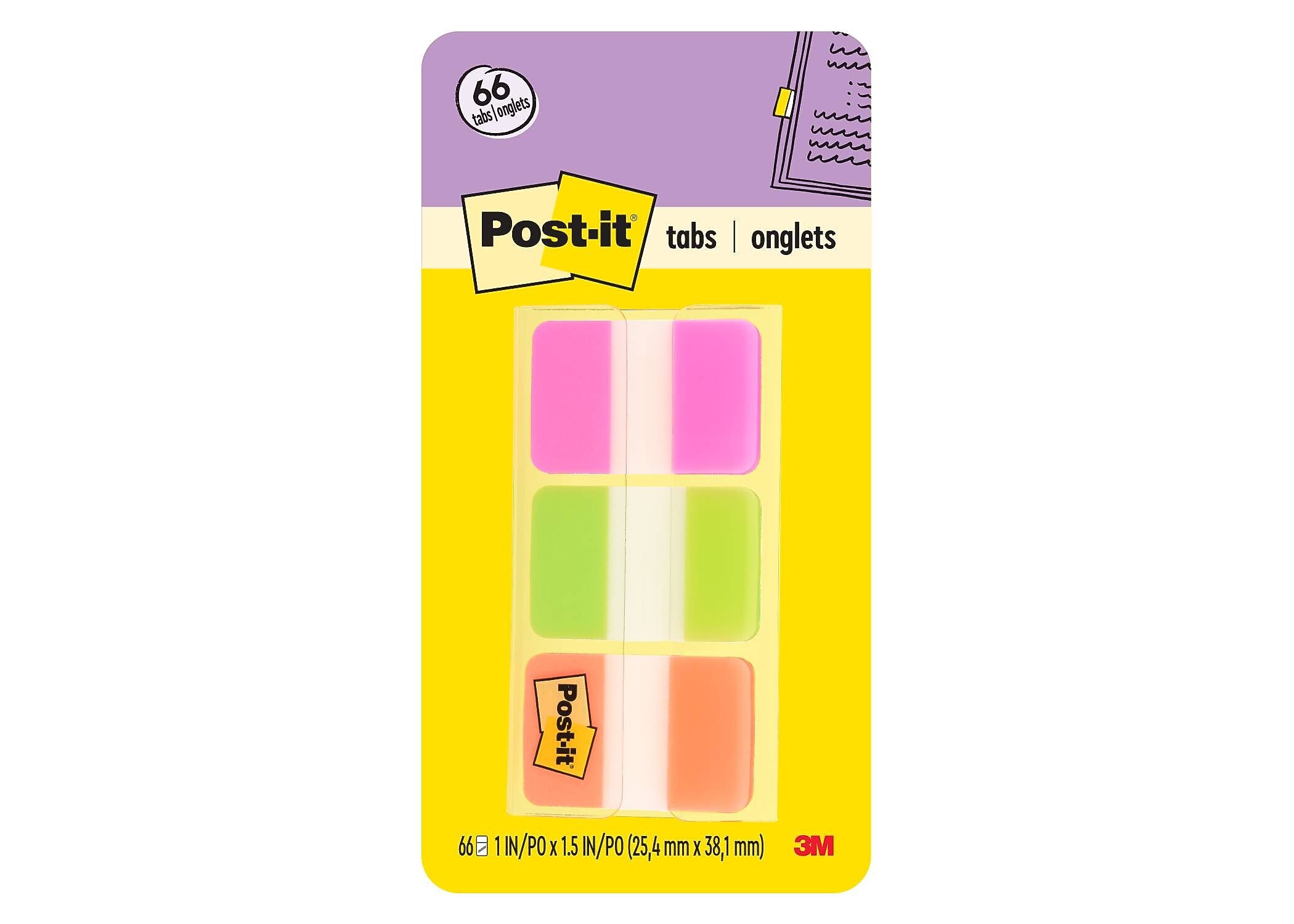 Post-it Tabs, 1" Wide, Assorted Colors, 66 Tabs/Pack (686-PGO)