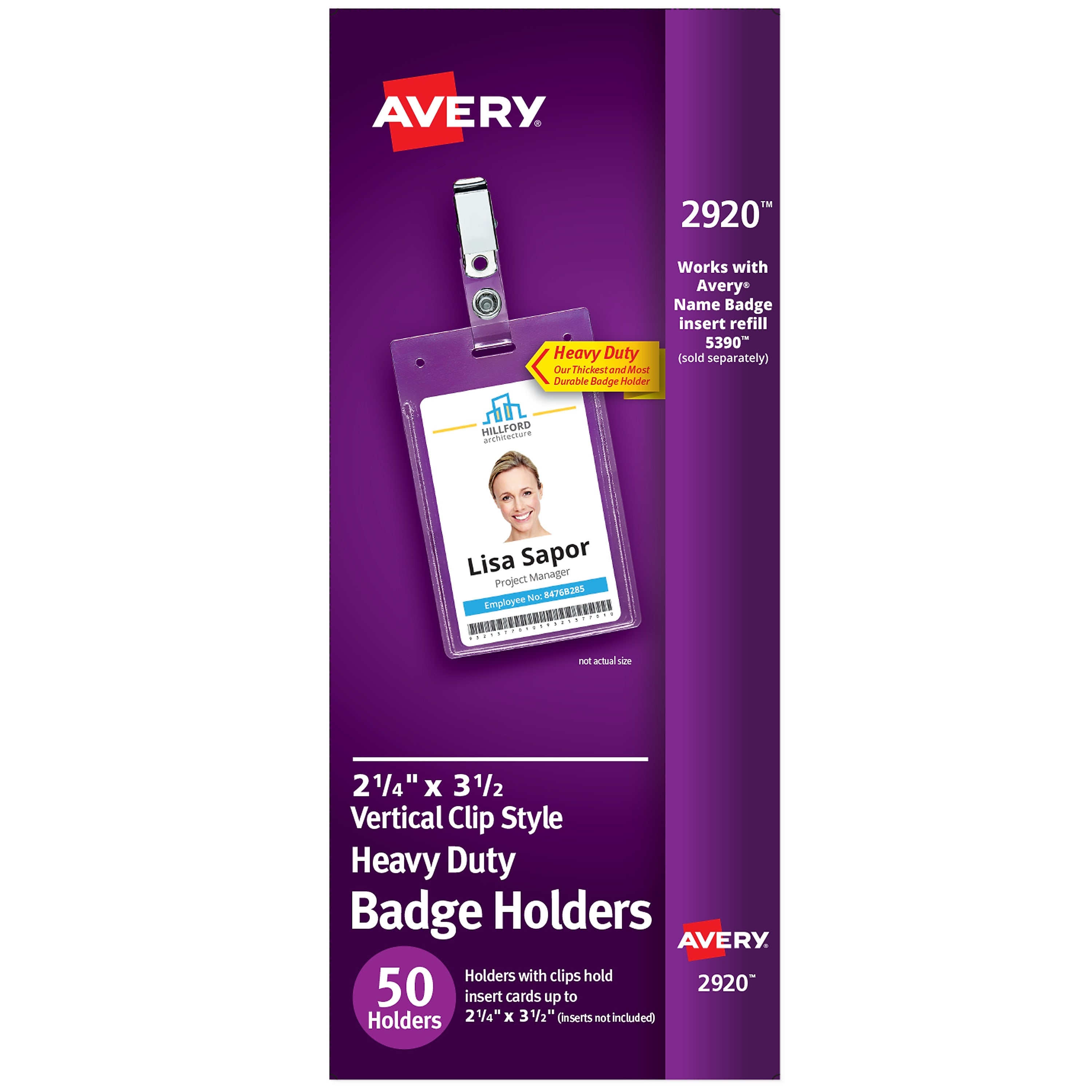 Avery Secure Top Heavy Duty Clip Style Name Badge Holders, 3 1/2" x 2 1/4", Clear Portrait Holders, 50/Box (2920)