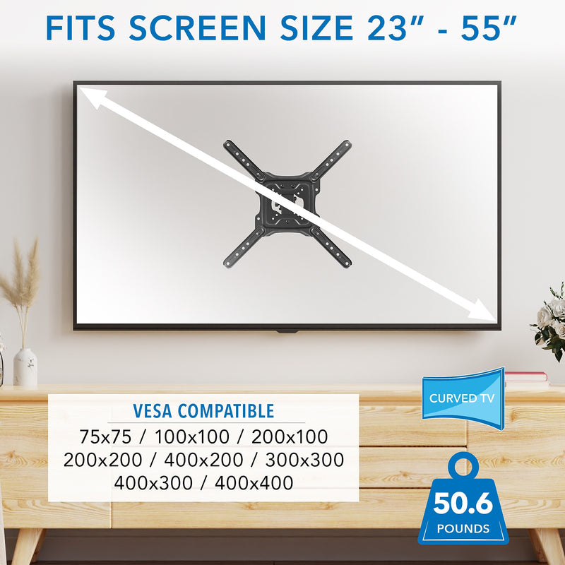 Mount-It! Full Motion TV Wall Mount with Gas Spring Arm, Supports 23" to 55" Screens, 50.6lbs. Max. (MI-444BLK)