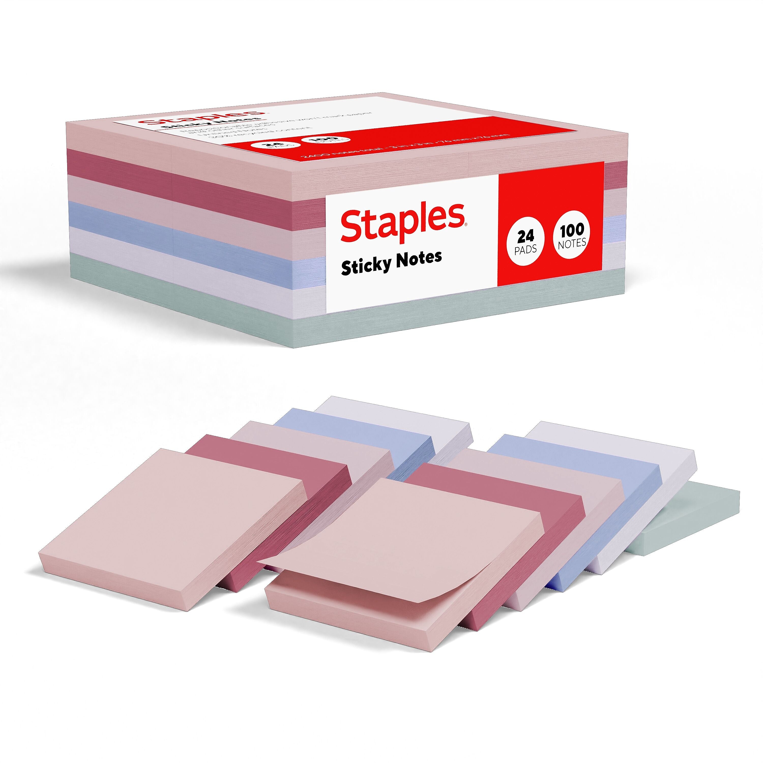 Staples Sticky Notes, 3" x 3", Ocean Mist Collection, 100 Sheets/Pad, 24 Pads/Pack (ST62875)