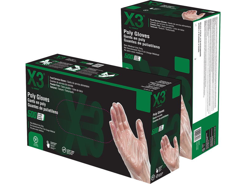 Ammex X3 Poly Food Safe Industrial Gloves, Latex Free, Large, Clear, 500/Box, 20 Boxes/Carton (PGLOVE-L-500XX)