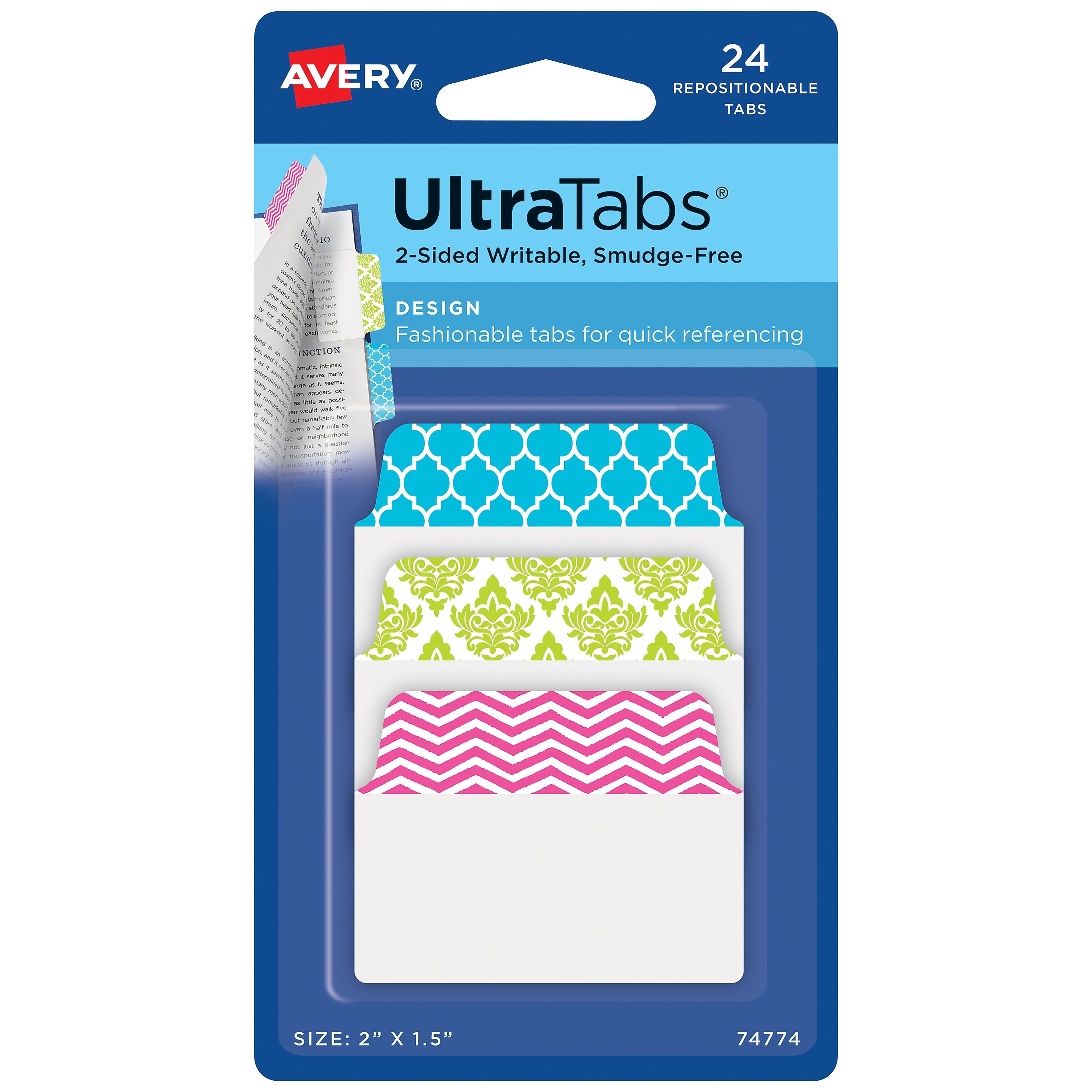 Avery UltraTabs Repositionable Multiuse Tabs, 2" x 1.5", Assorted Designs, 24/Pack (74774)