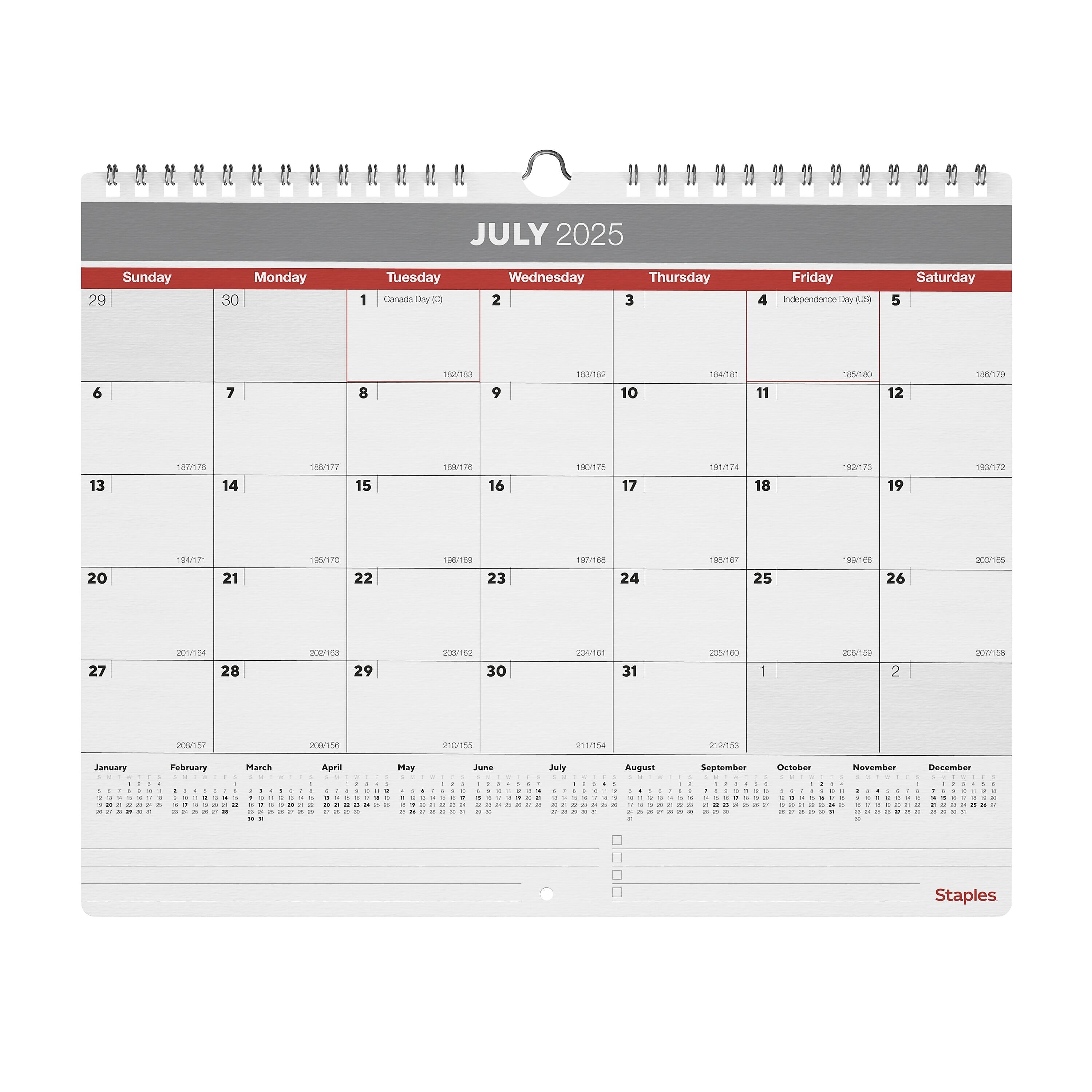 2025-2026 Staples 15" x 12" Academic Monthly Calendar, Gray/Red (ST62816-25)