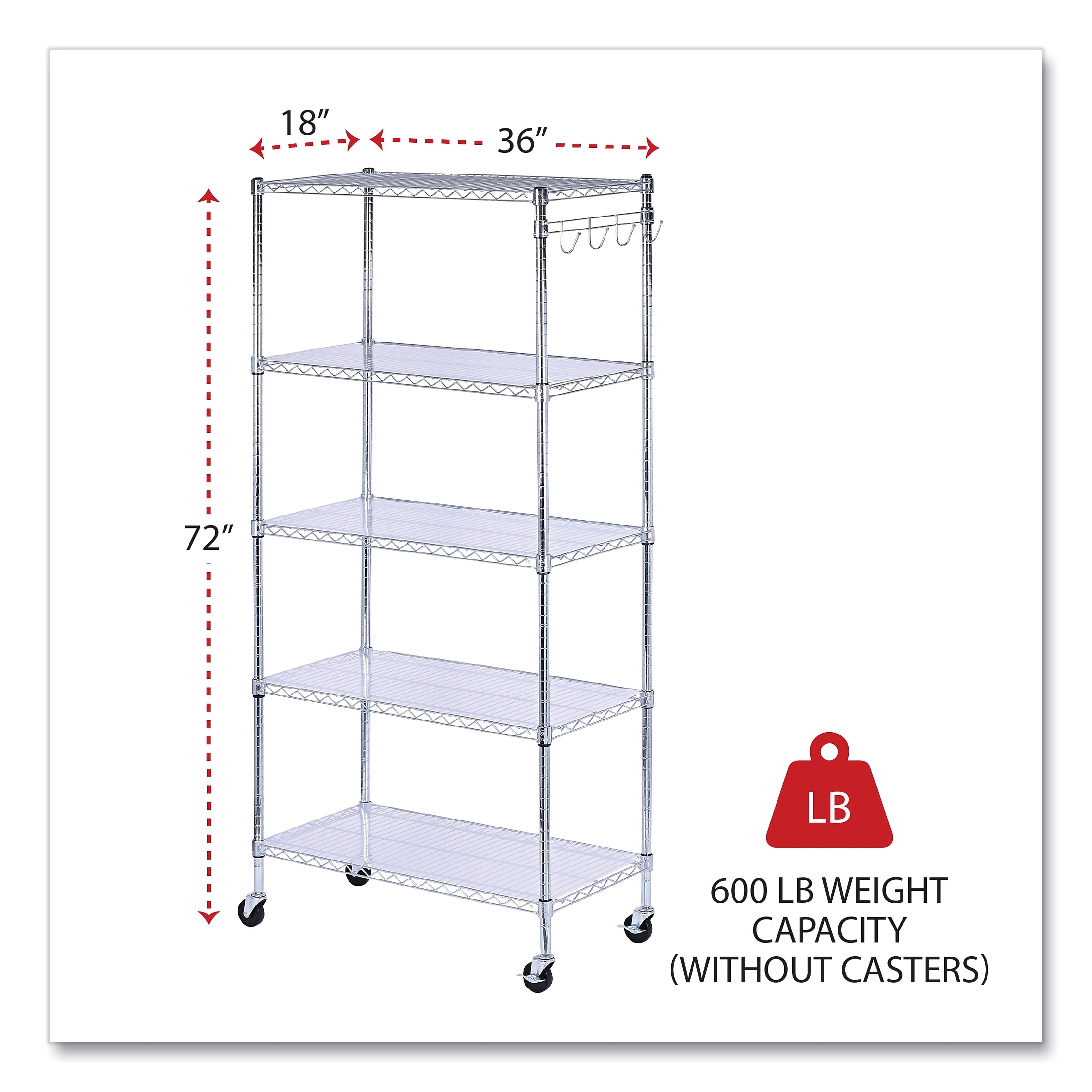 Alera 5-Shelf Wire Shelving Kit with Casters and Shelf Liners, 36" x 18" x 72", Silver (ALESW653618SR)