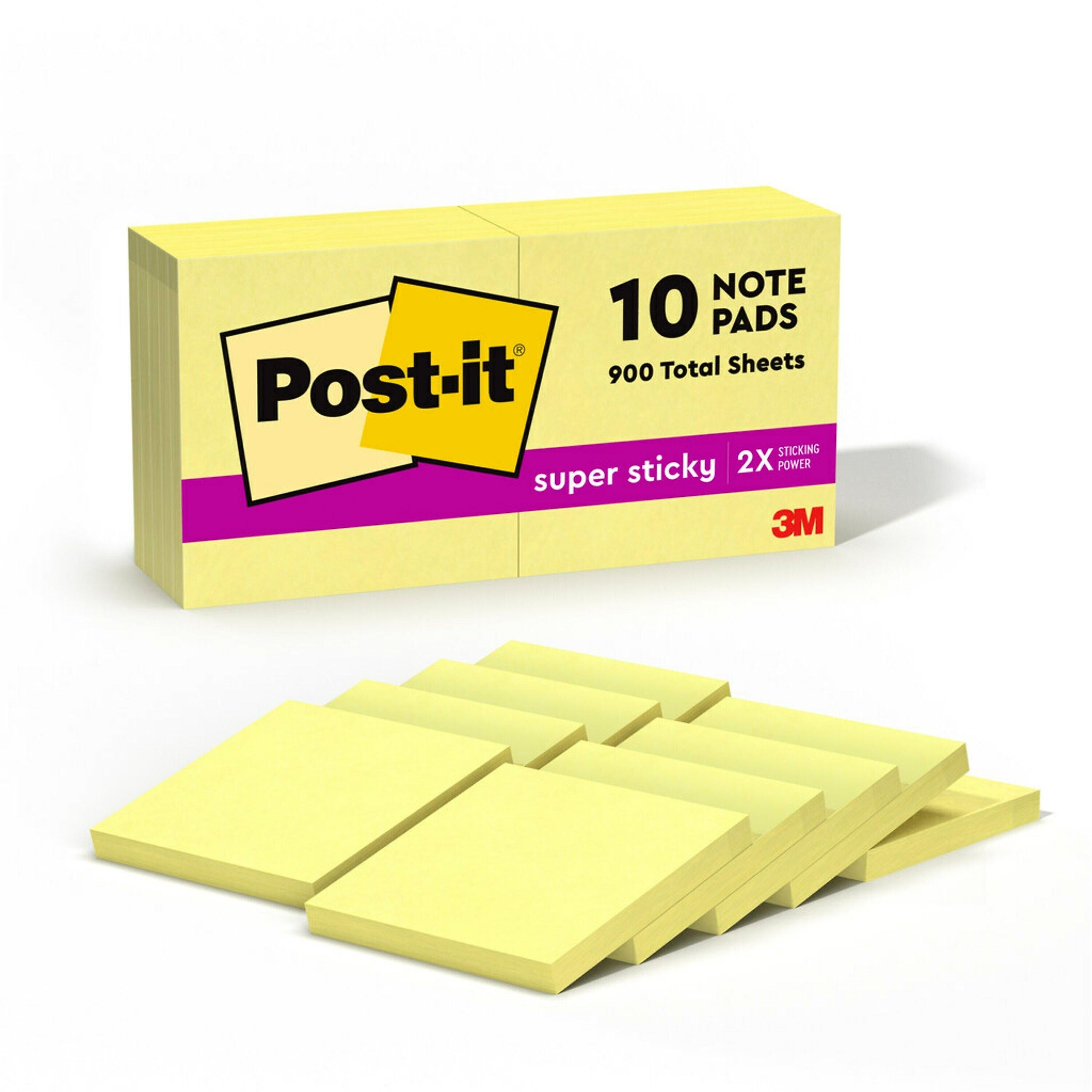 Post-it Super Sticky Notes, 3" x 3", Canary Collection, 90 Sheet/Pad, 10 Pads/Pack (654-10SSCY)