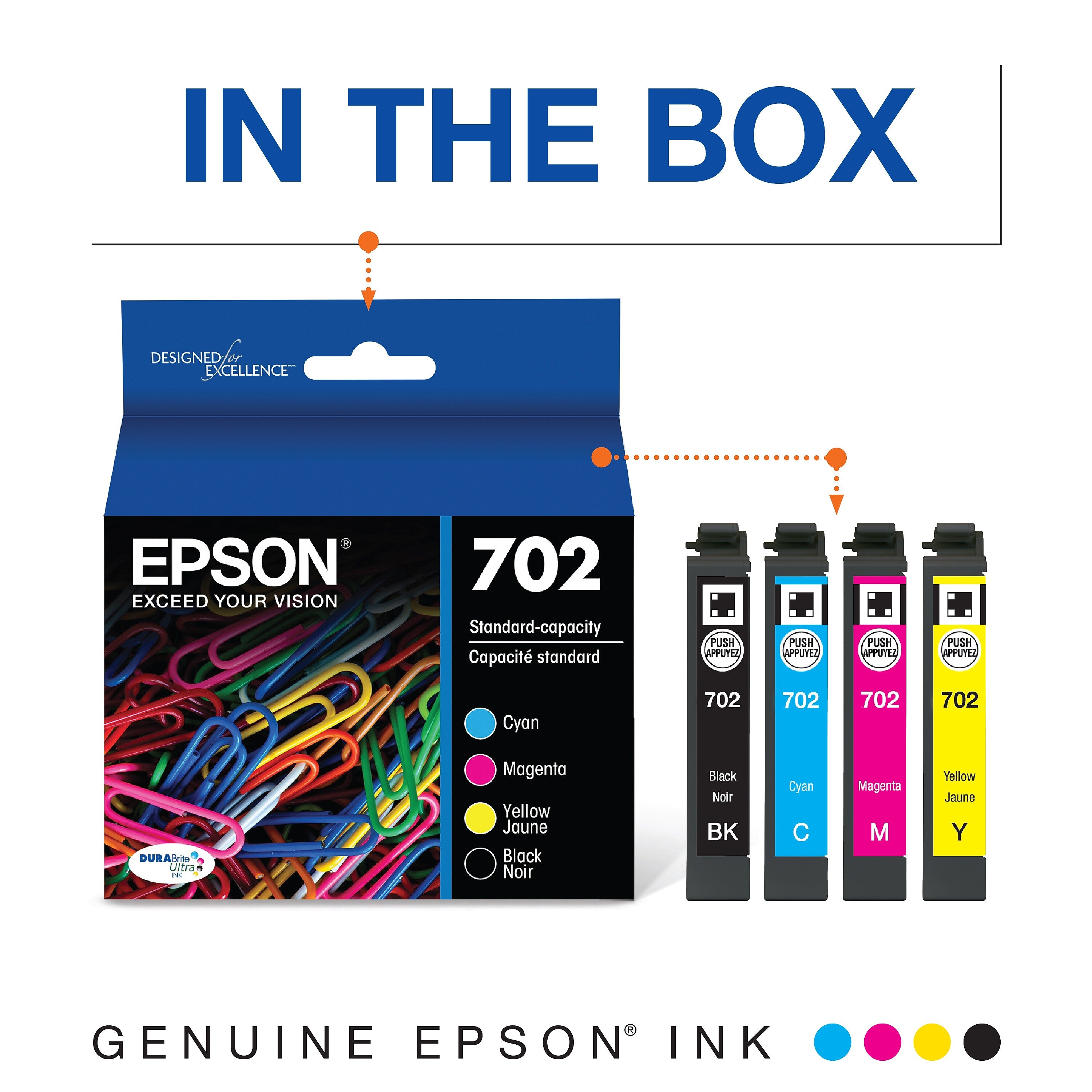 Epson T702 Black/Cyan/Magenta/Yellow Standard Yield Ink Cartridge, 4/Pack (T702120-BCS)