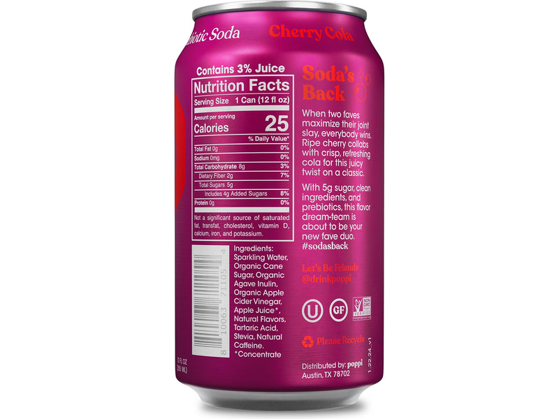 Poppi Prebiotic Cherry Cola Soda, 12 fl. oz., 12 Cans/Case (XNA71106)