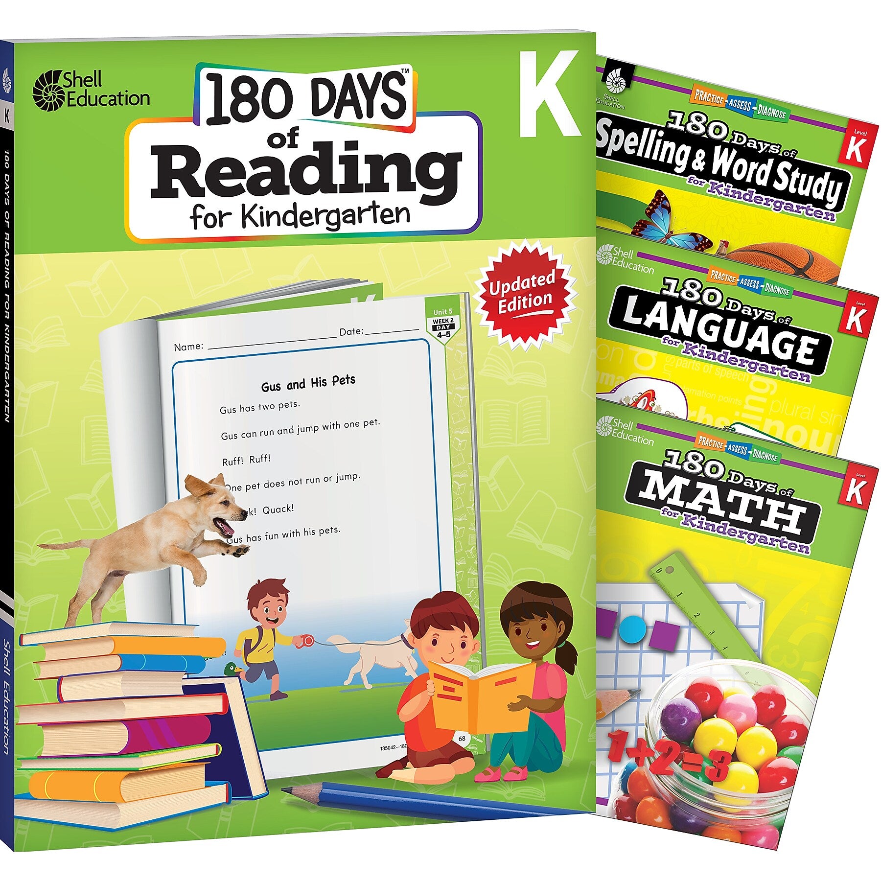 Shell Education 180 Days Reading, Spelling, Language & Math, Grade K, Workbook, 4/Set (SEP147634)